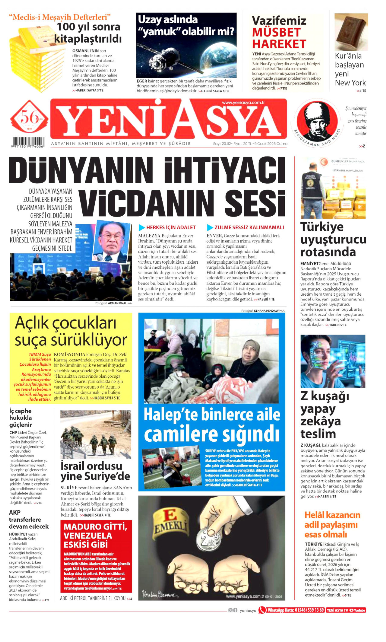 YENİ ASYA gazetesinin 9 Ocak 2026 tarihli birinci sayfası