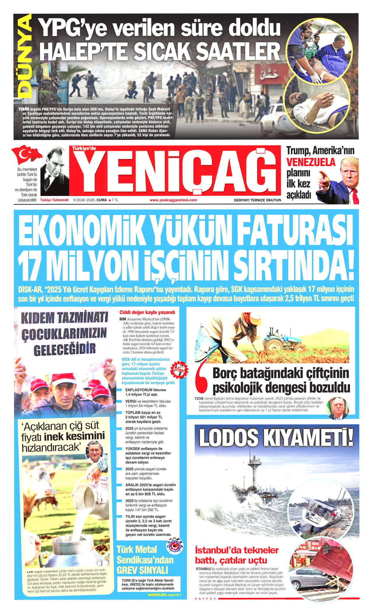 YENİÇAĞ gazetesinin 9 Ocak 2026 tarihli birinci sayfası