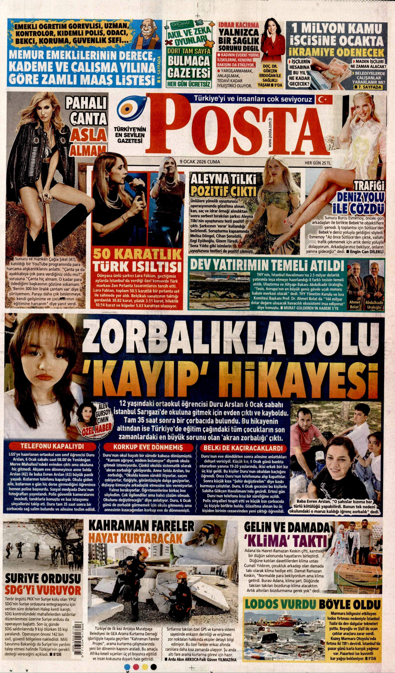 POSTA gazetesinin 9 Ocak 2026 tarihli birinci sayfası