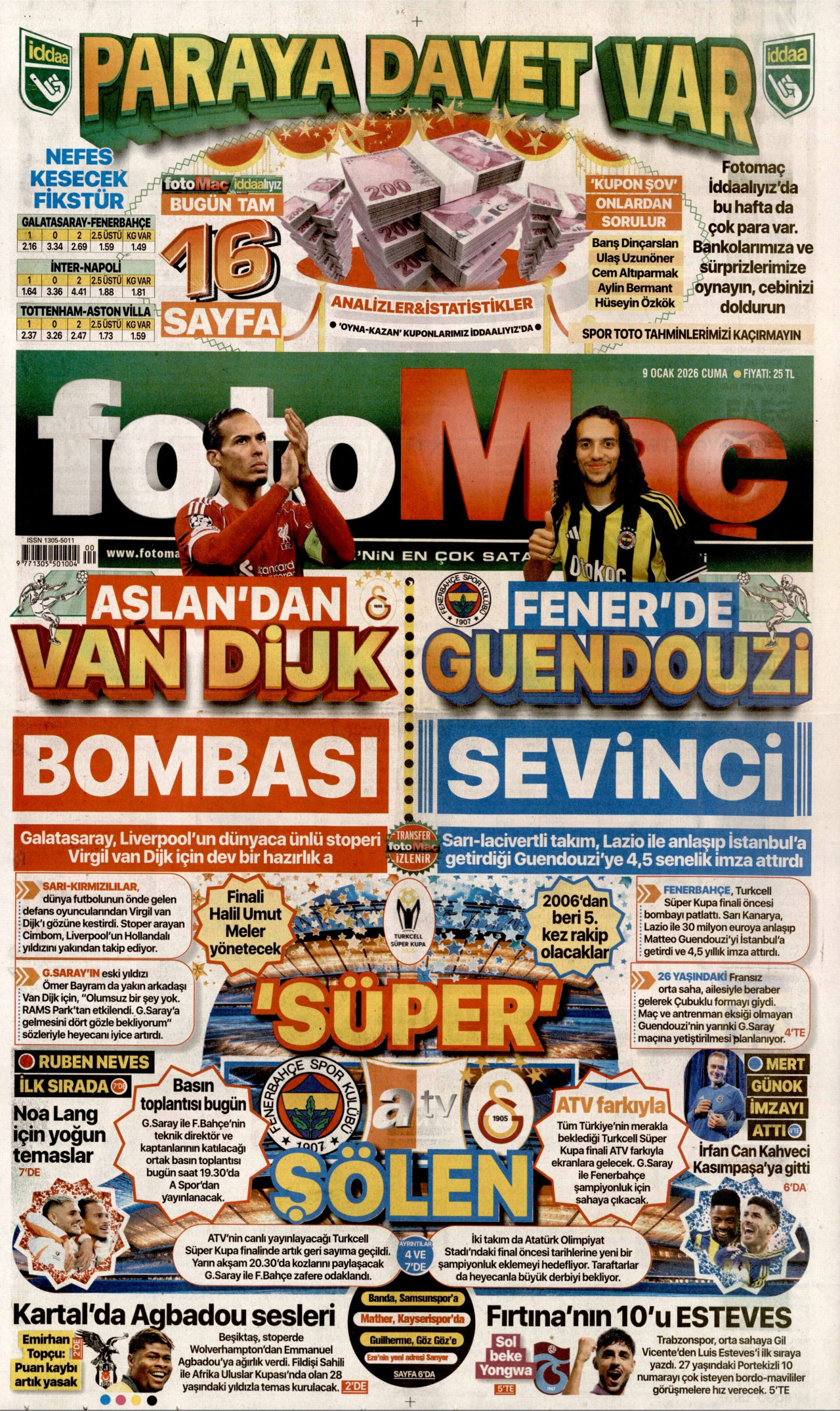 FOTOMAÇ gazetesinin 9 Ocak 2026 tarihli birinci sayfası