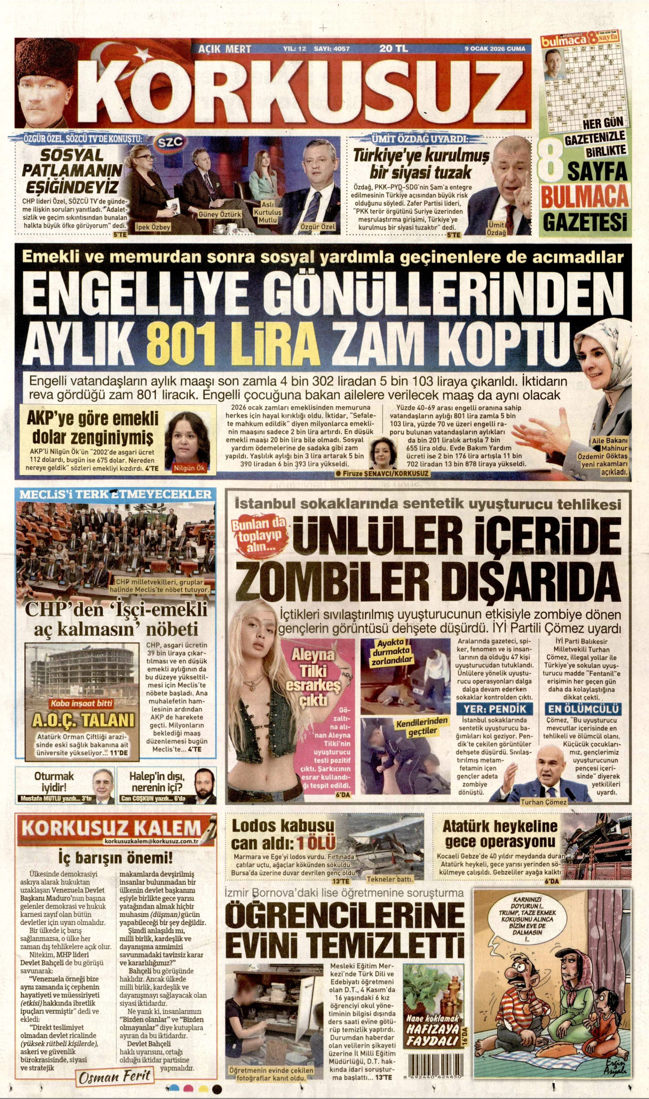KORKUSUZ gazetesinin 9 Ocak 2026 tarihli birinci sayfası