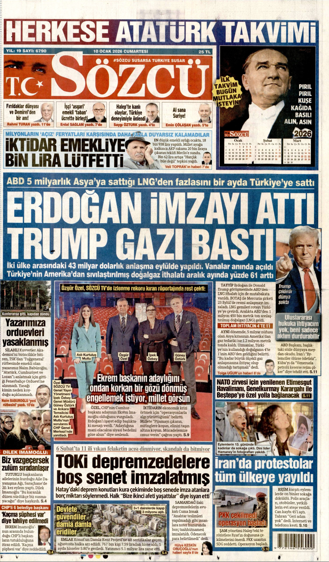 SÖZCÜ gazetesinin 10 Ocak 2026 tarihli birinci sayfası