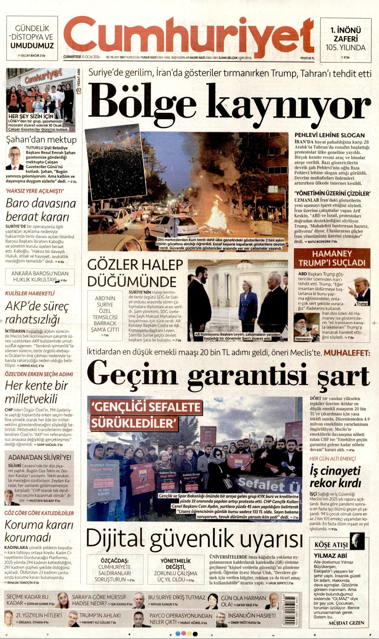 CUMHURİYET gazetesinin 10 Ocak 2026 tarihli birinci sayfası