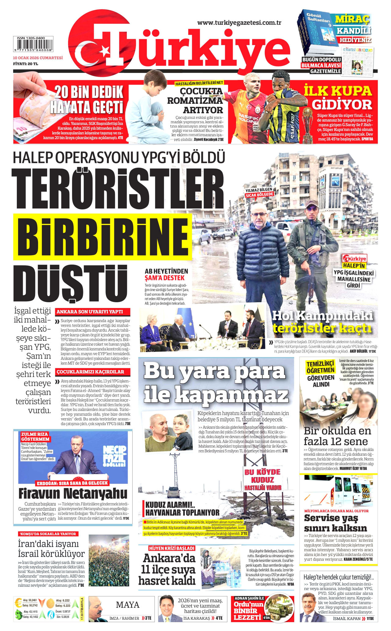 TÜRKİYE GAZETESİ gazetesinin 10 Ocak 2026 tarihli birinci sayfası