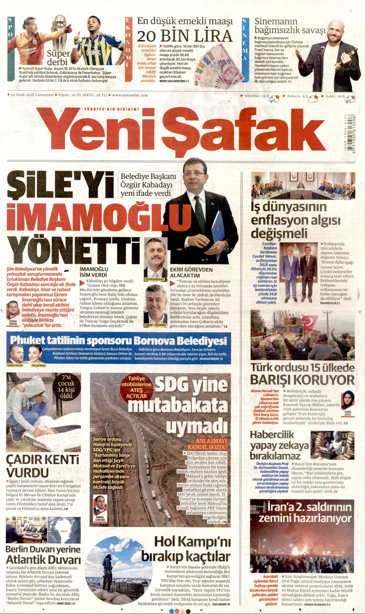 YENİ ŞAFAK gazetesinin 10 Ocak 2026 tarihli birinci sayfası
