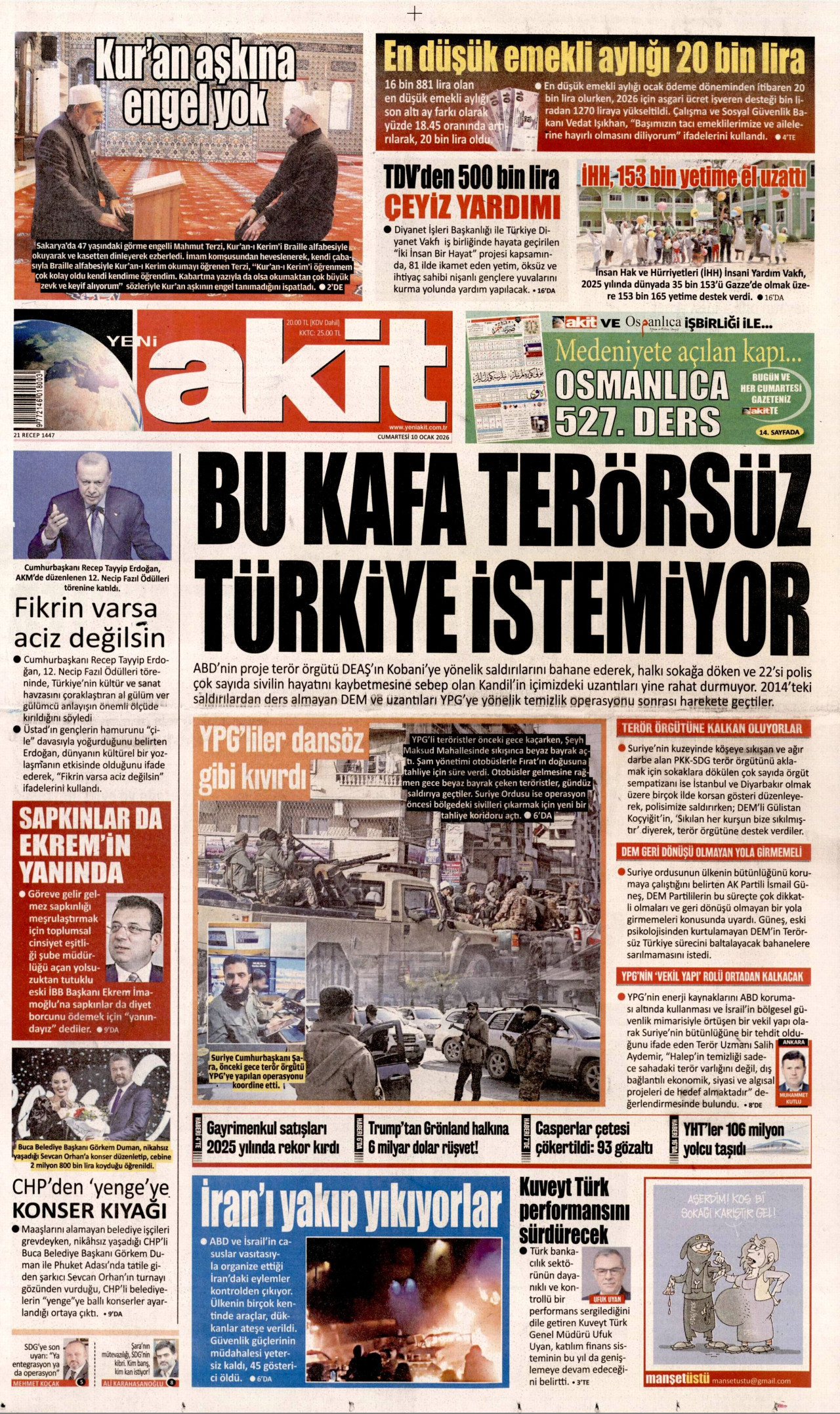 YENİ AKİT gazetesinin 10 Ocak 2026 tarihli birinci sayfası