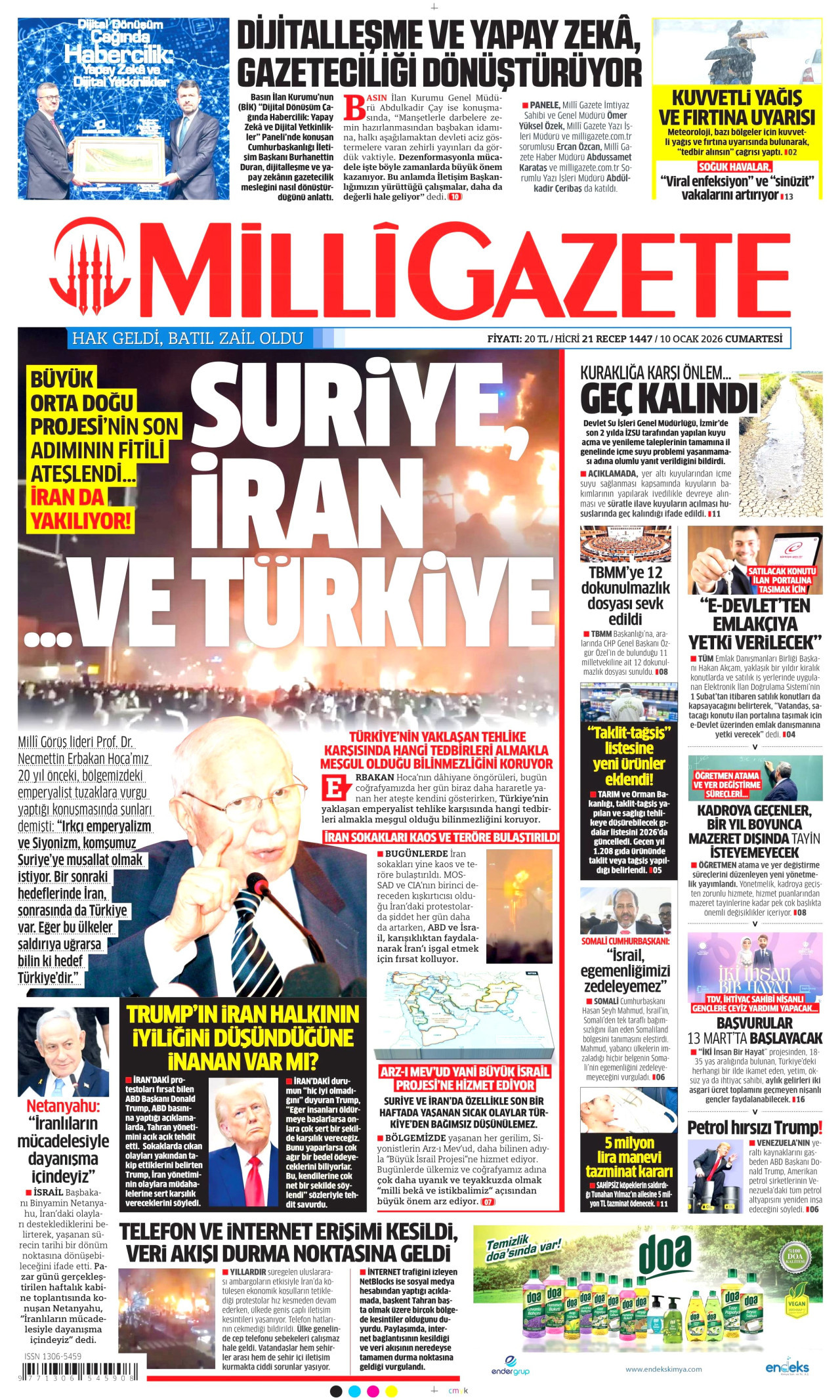MİLLİ GAZETE gazetesinin 10 Ocak 2026 tarihli birinci sayfası