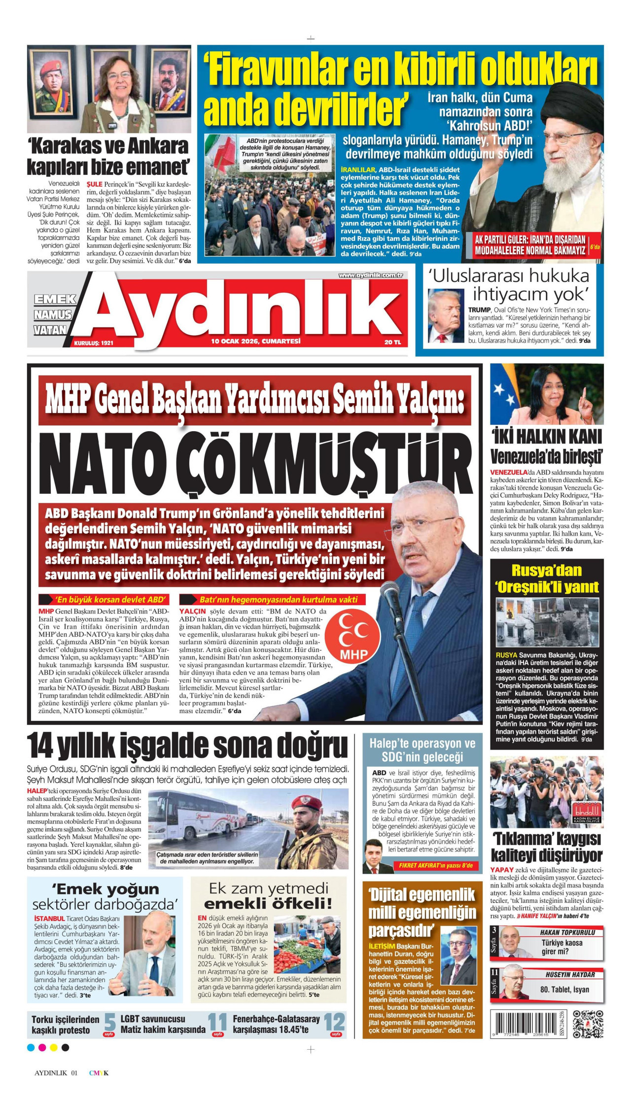 AYDINLIK GAZETESİ gazetesinin 10 Ocak 2026 tarihli birinci sayfası