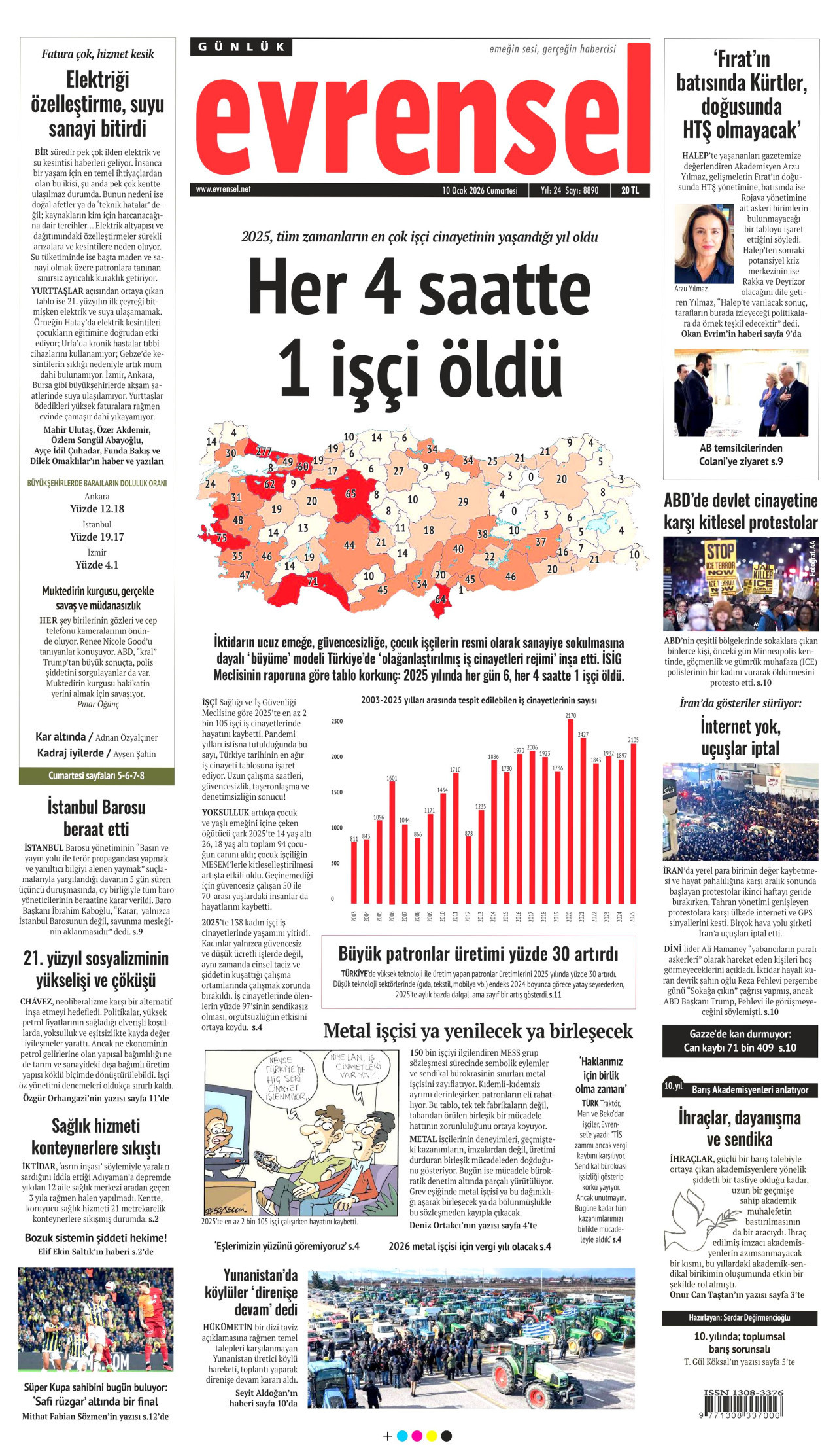 EVRENSEL gazetesinin 10 Ocak 2026 tarihli birinci sayfası