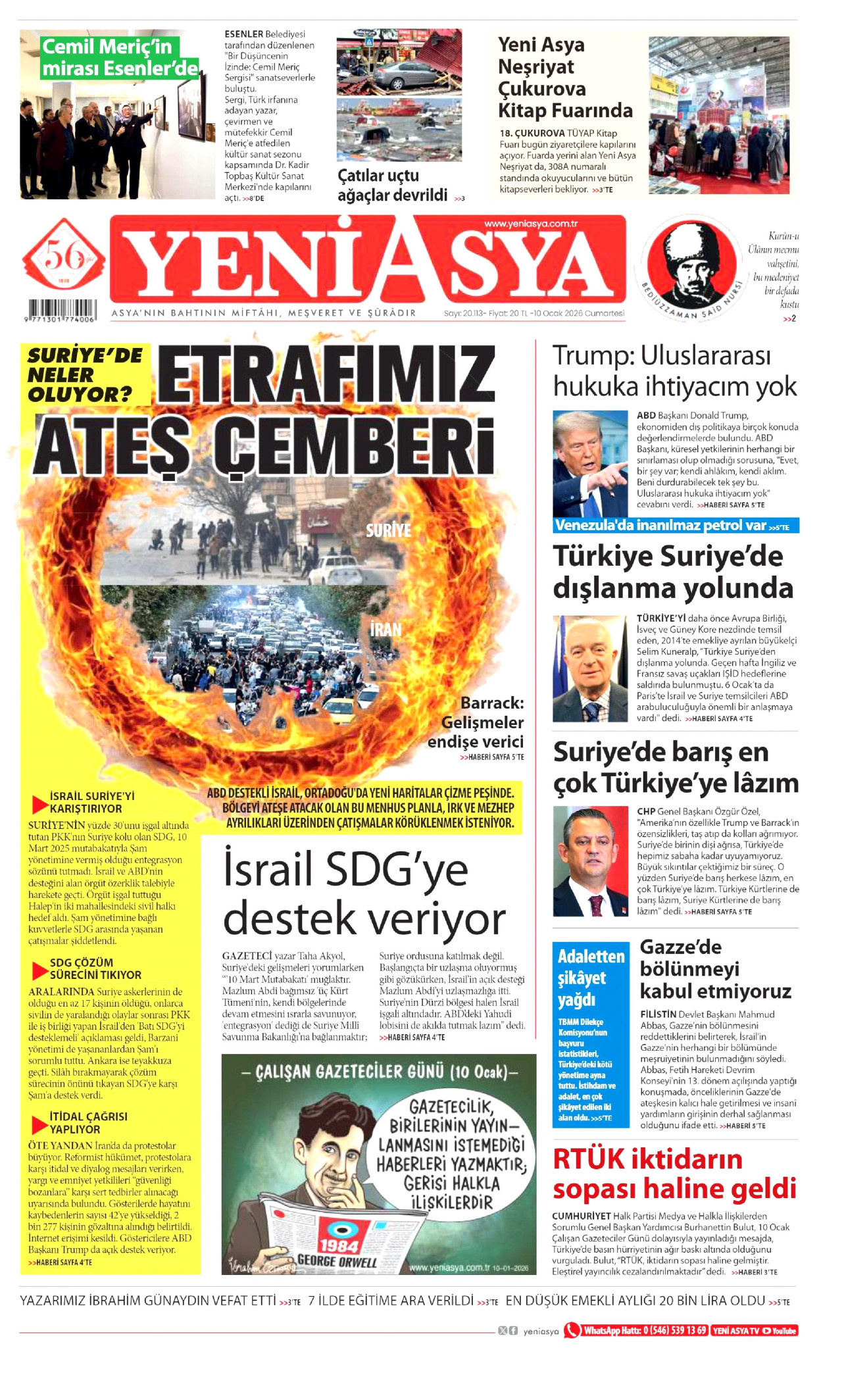 YENİ ASYA gazetesinin 10 Ocak 2026 tarihli birinci sayfası