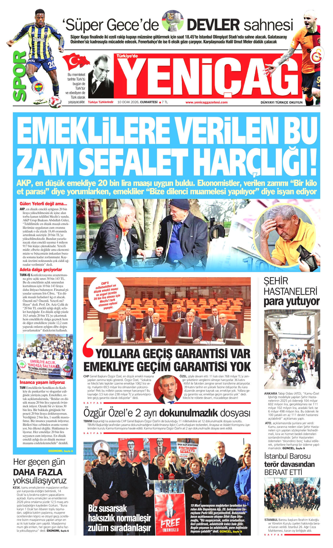 YENİÇAĞ gazetesinin 10 Ocak 2026 tarihli birinci sayfası