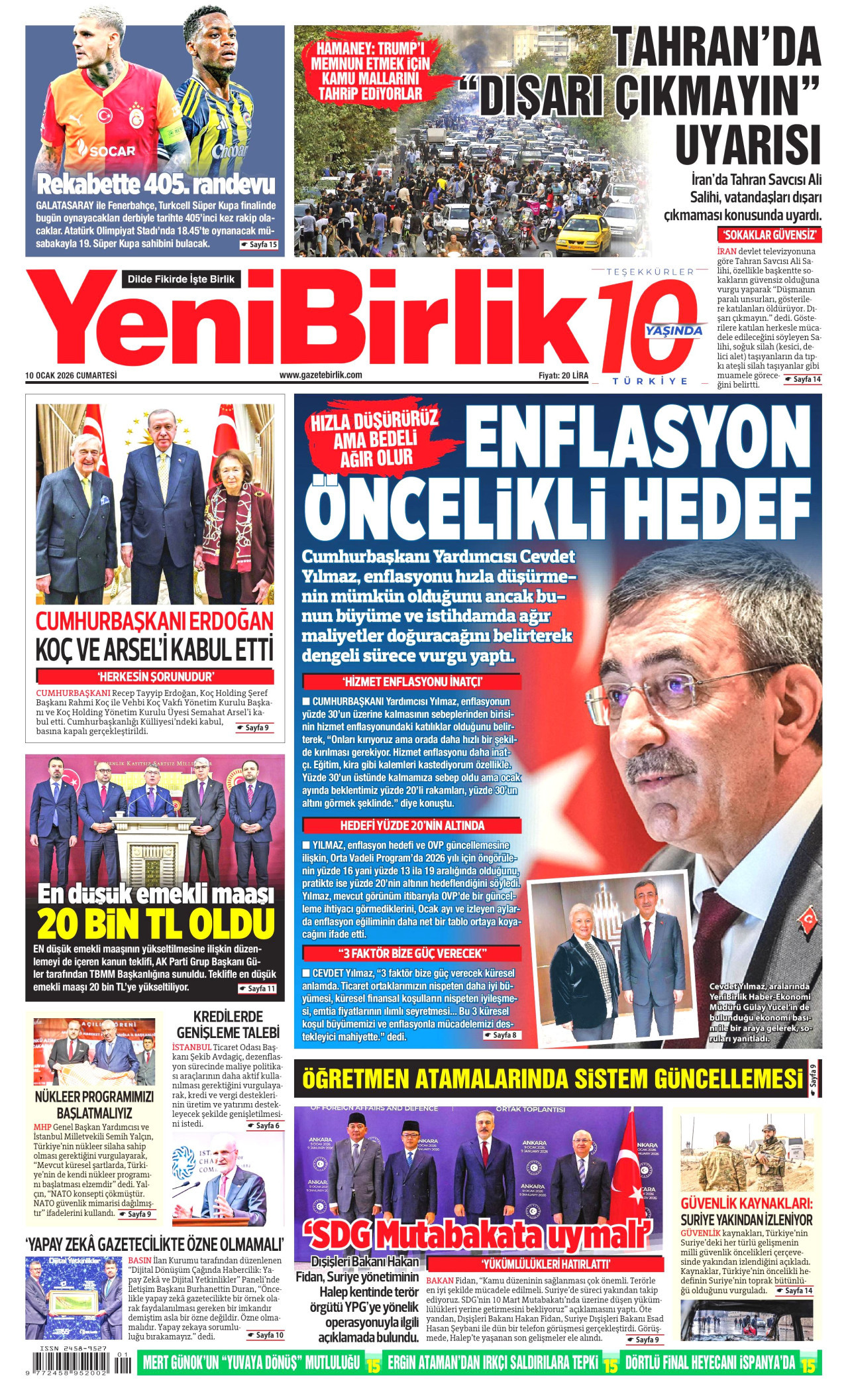 YENİBİRLİK gazetesinin 10 Ocak 2026 tarihli birinci sayfası