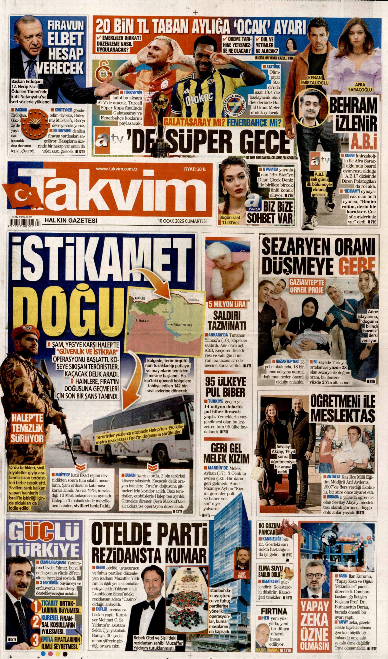 TAKVİM gazetesinin 10 Ocak 2026 tarihli birinci sayfası