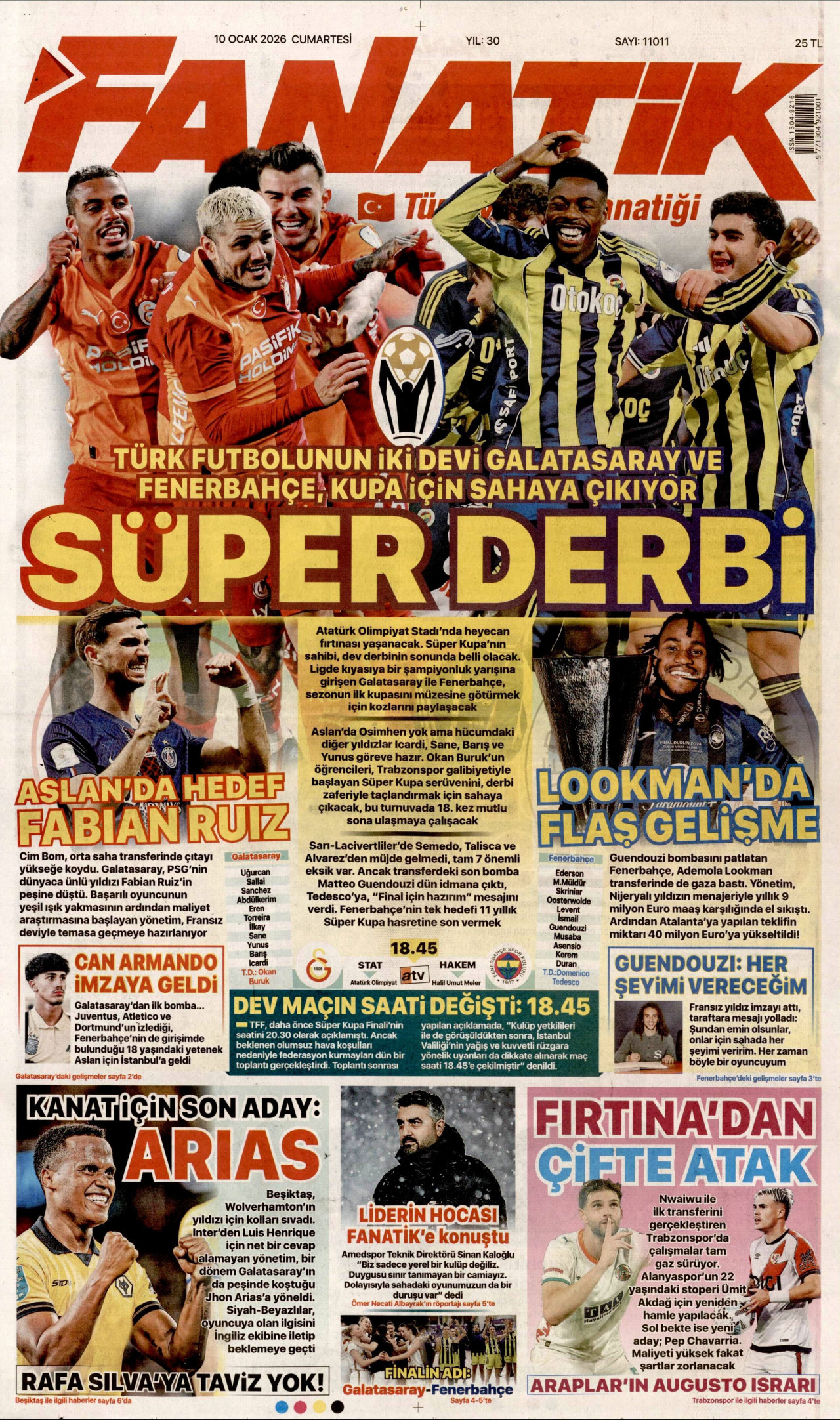 FANATİK gazetesinin 10 Ocak 2026 tarihli birinci sayfası