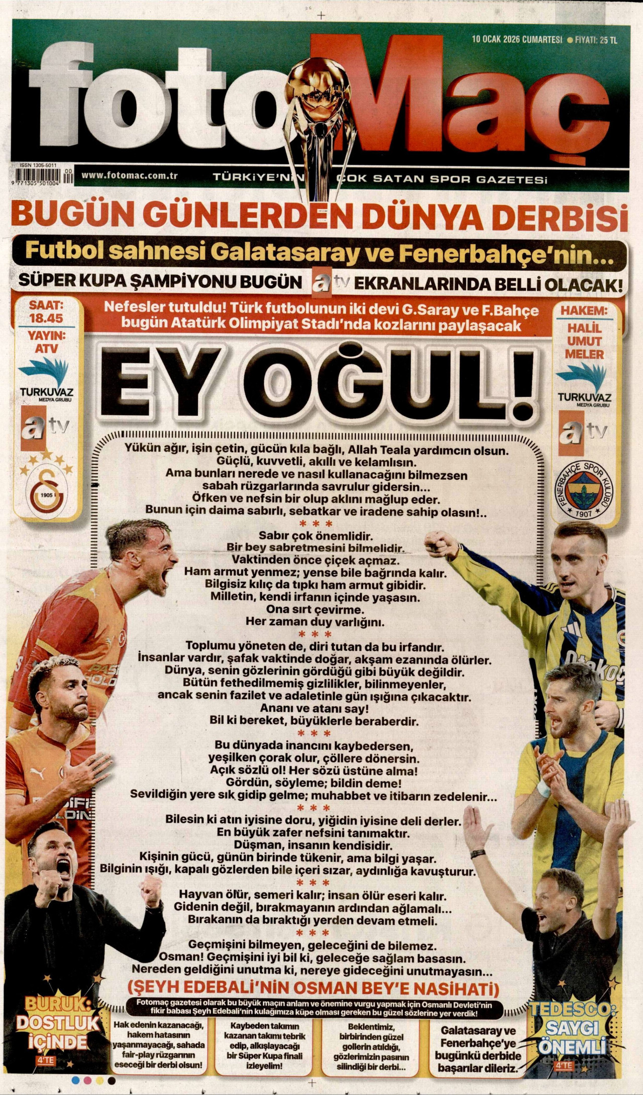 FOTOMAÇ gazetesinin 10 Ocak 2026 tarihli birinci sayfası