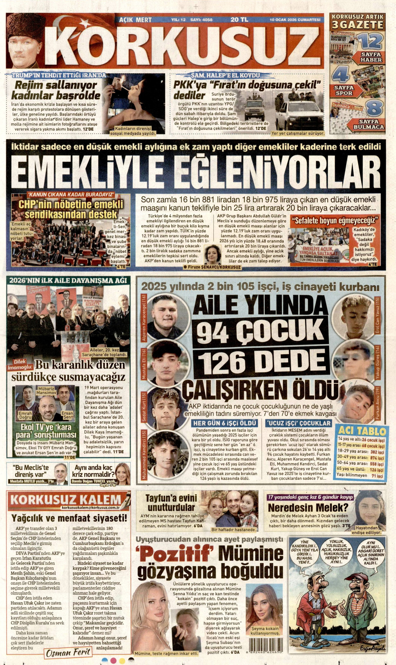 KORKUSUZ gazetesinin 10 Ocak 2026 tarihli birinci sayfası