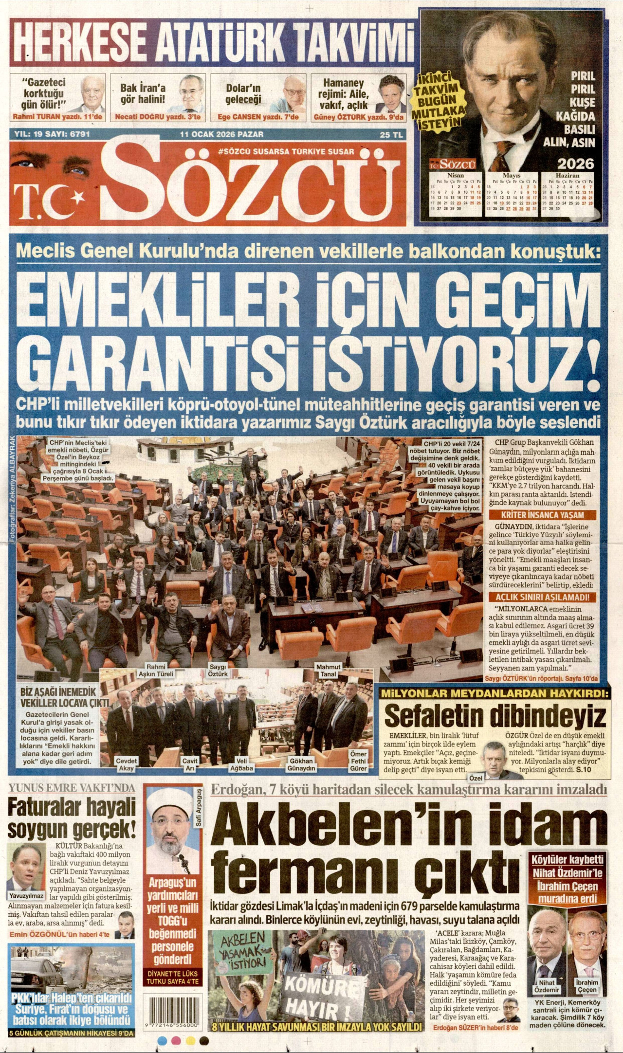 SÖZCÜ gazetesinin 11 Ocak 2026 tarihli birinci sayfası