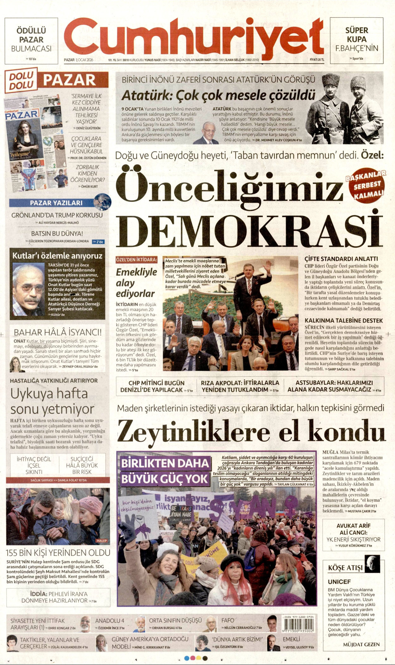CUMHURİYET gazetesinin 11 Ocak 2026 tarihli birinci sayfası