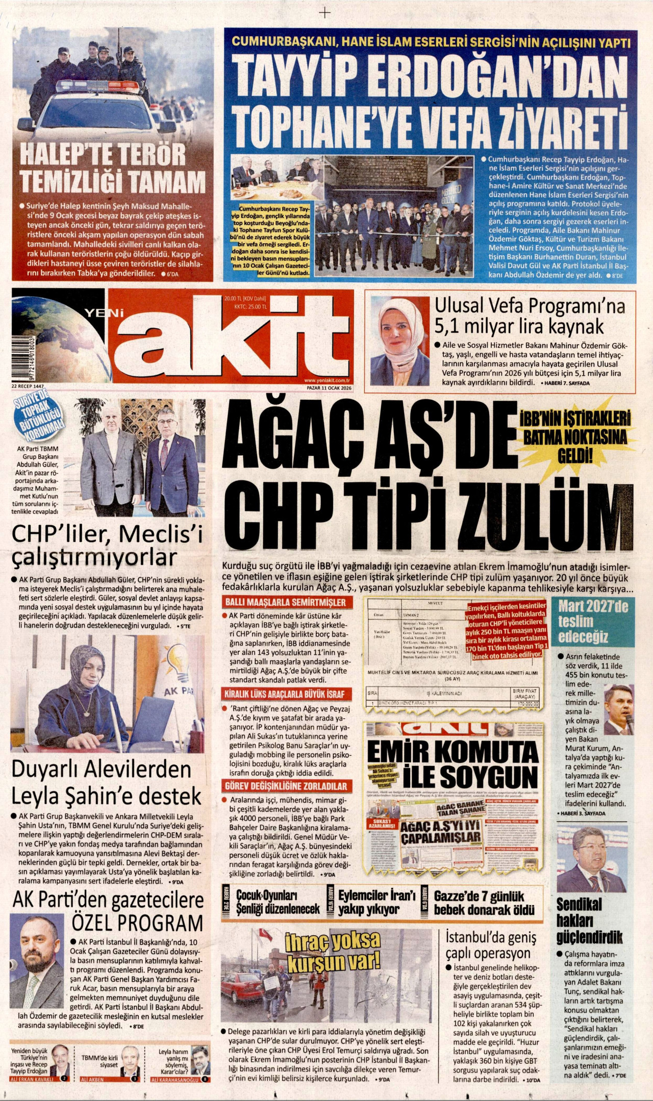 YENİ AKİT gazetesinin 11 Ocak 2026 tarihli birinci sayfası
