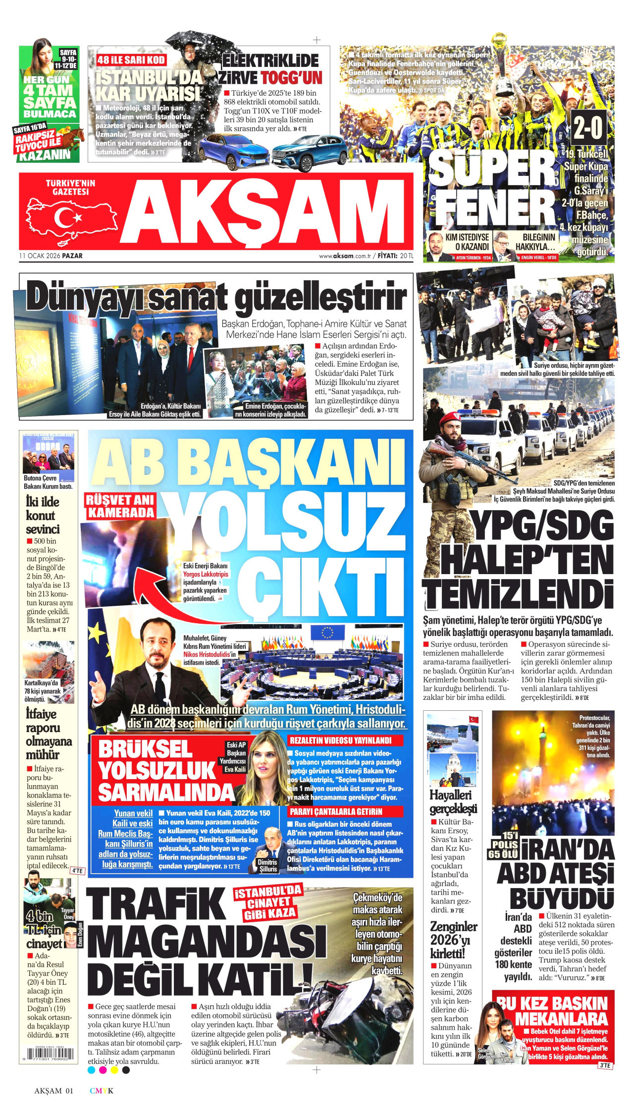 AKŞAM gazetesinin 11 Ocak 2026 tarihli birinci sayfası
