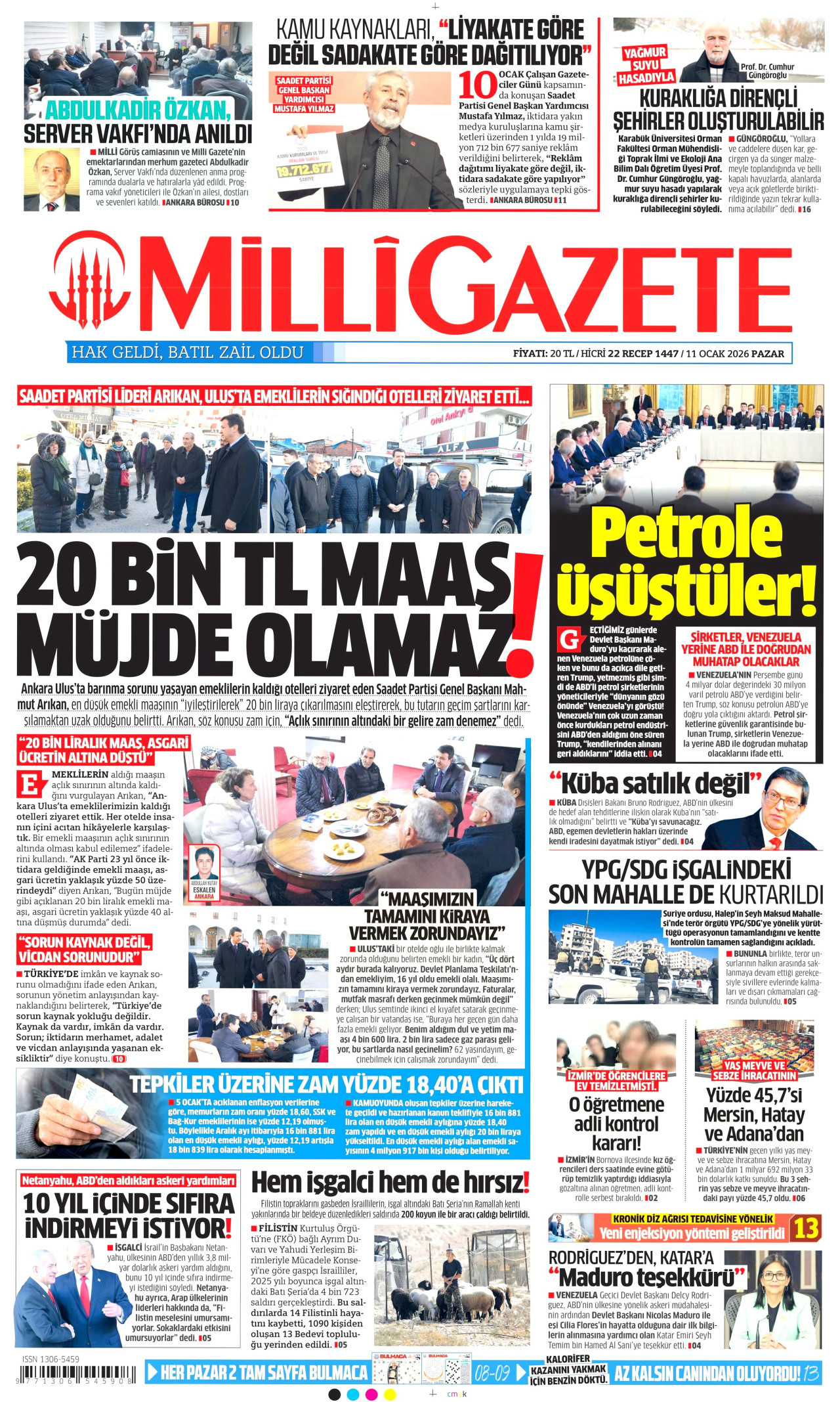 MİLLİ GAZETE gazetesinin 11 Ocak 2026 tarihli birinci sayfası