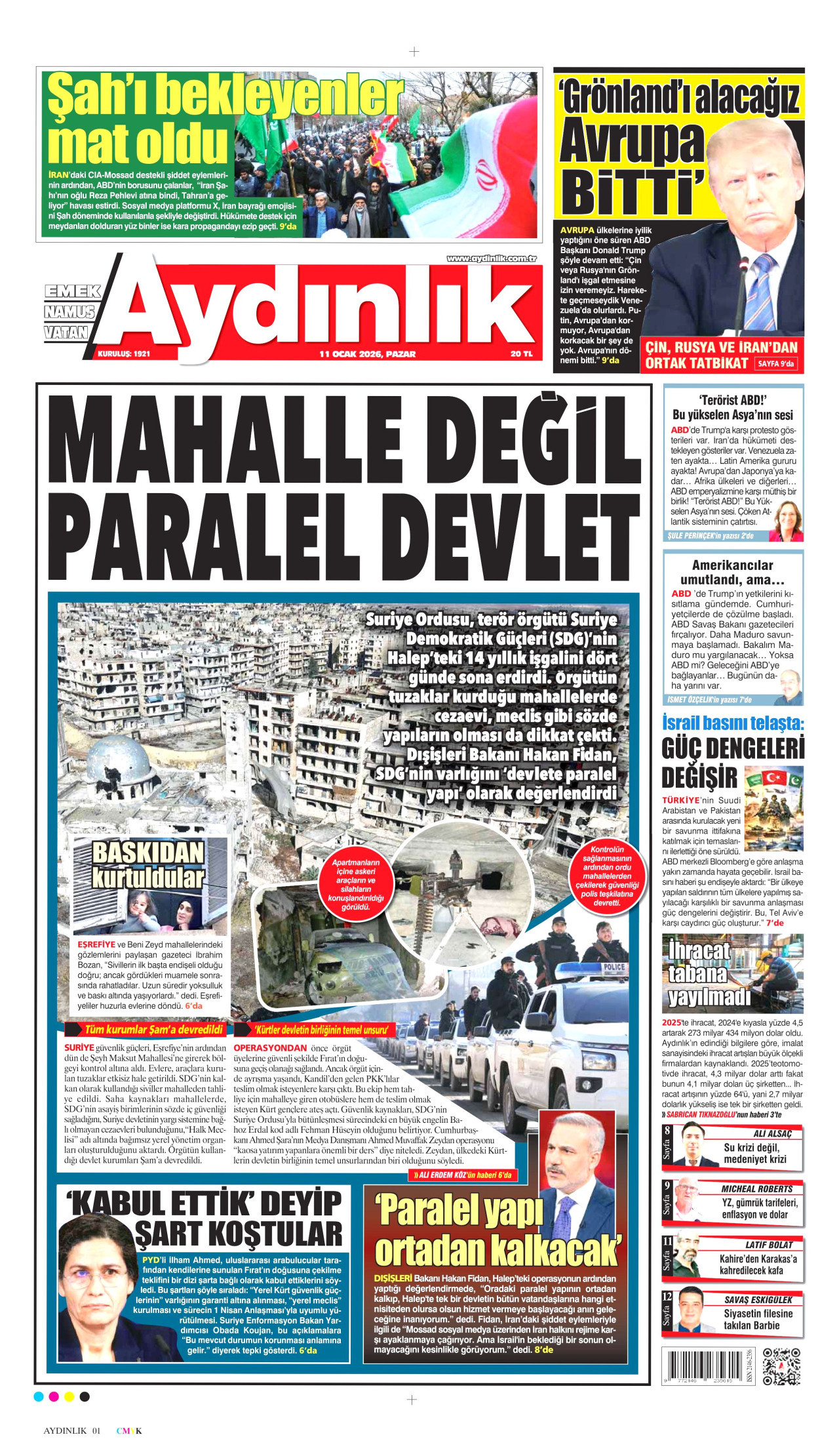 AYDINLIK GAZETESİ gazetesinin 11 Ocak 2026 tarihli birinci sayfası
