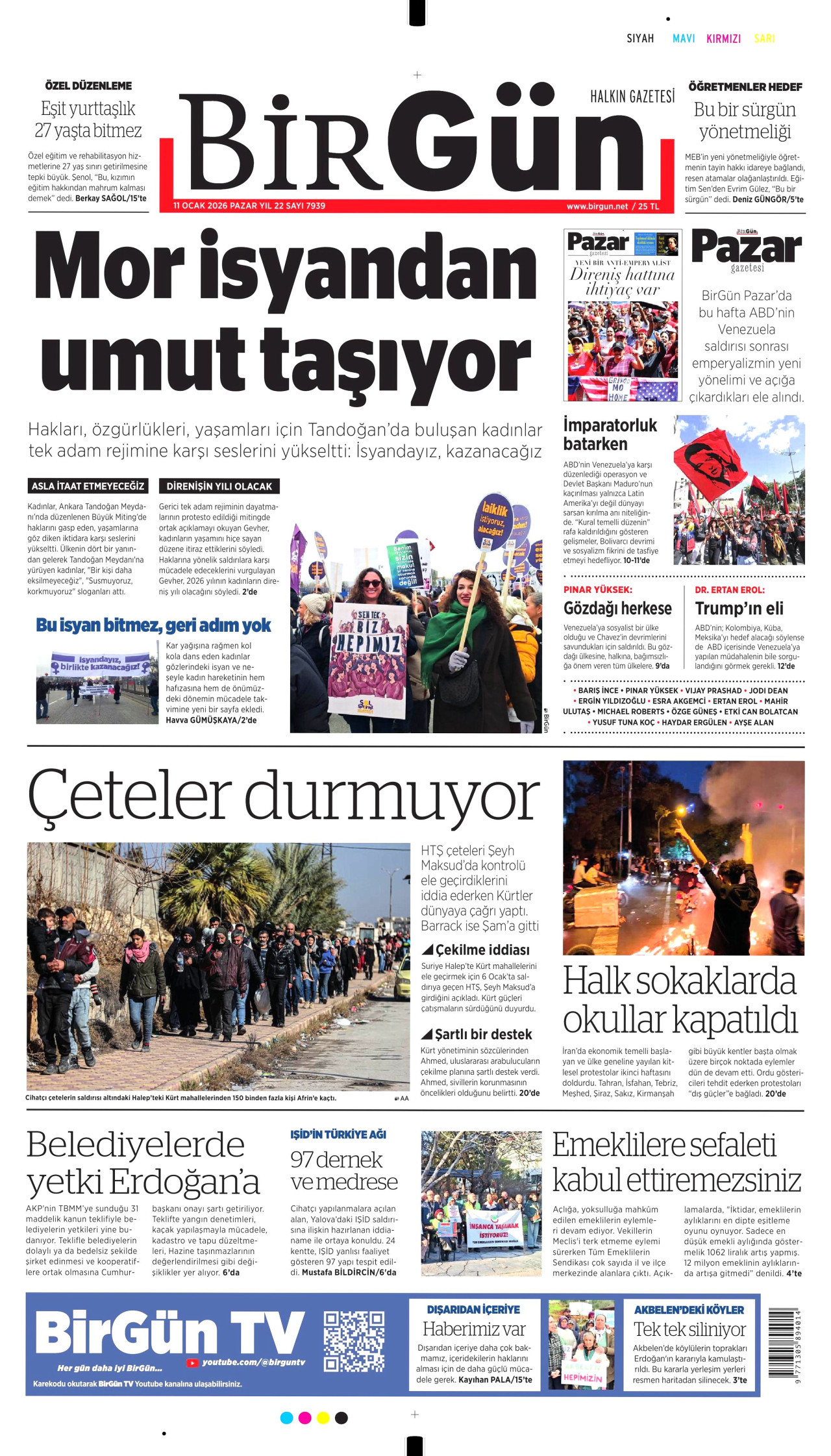 BİRGÜN gazetesinin 11 Ocak 2026 tarihli birinci sayfası