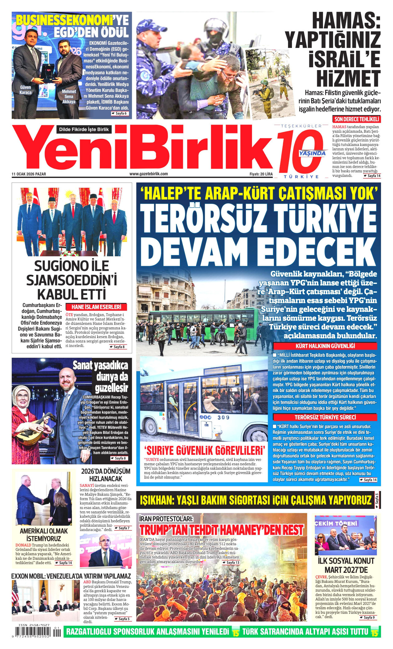 YENİBİRLİK gazetesinin 11 Ocak 2026 tarihli birinci sayfası