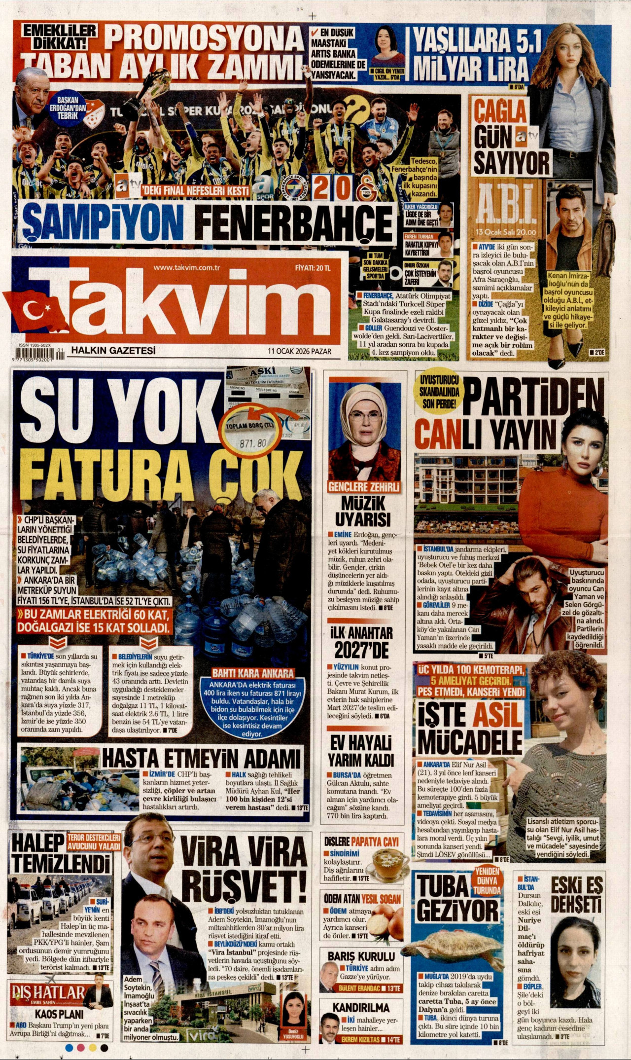TAKVİM gazetesinin 11 Ocak 2026 tarihli birinci sayfası