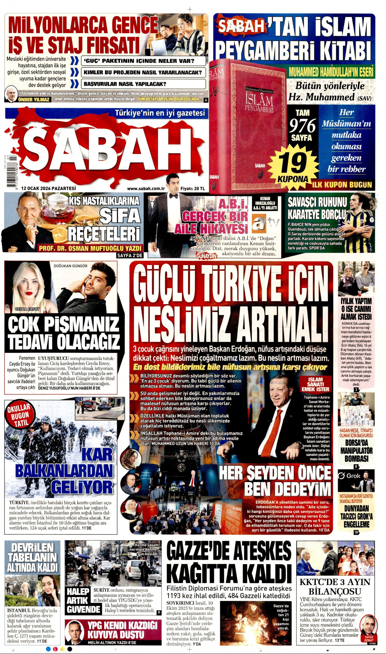 SABAH gazetesinin 12 Ocak 2026 tarihli birinci sayfası