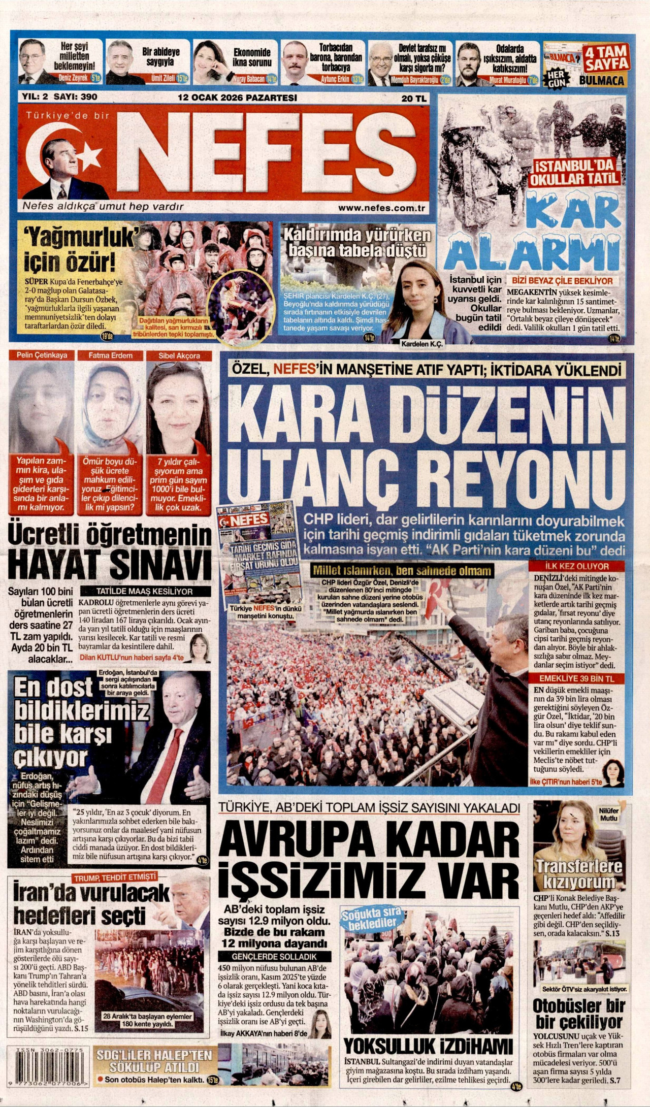 NEFES gazetesinin 12 Ocak 2026 tarihli birinci sayfası