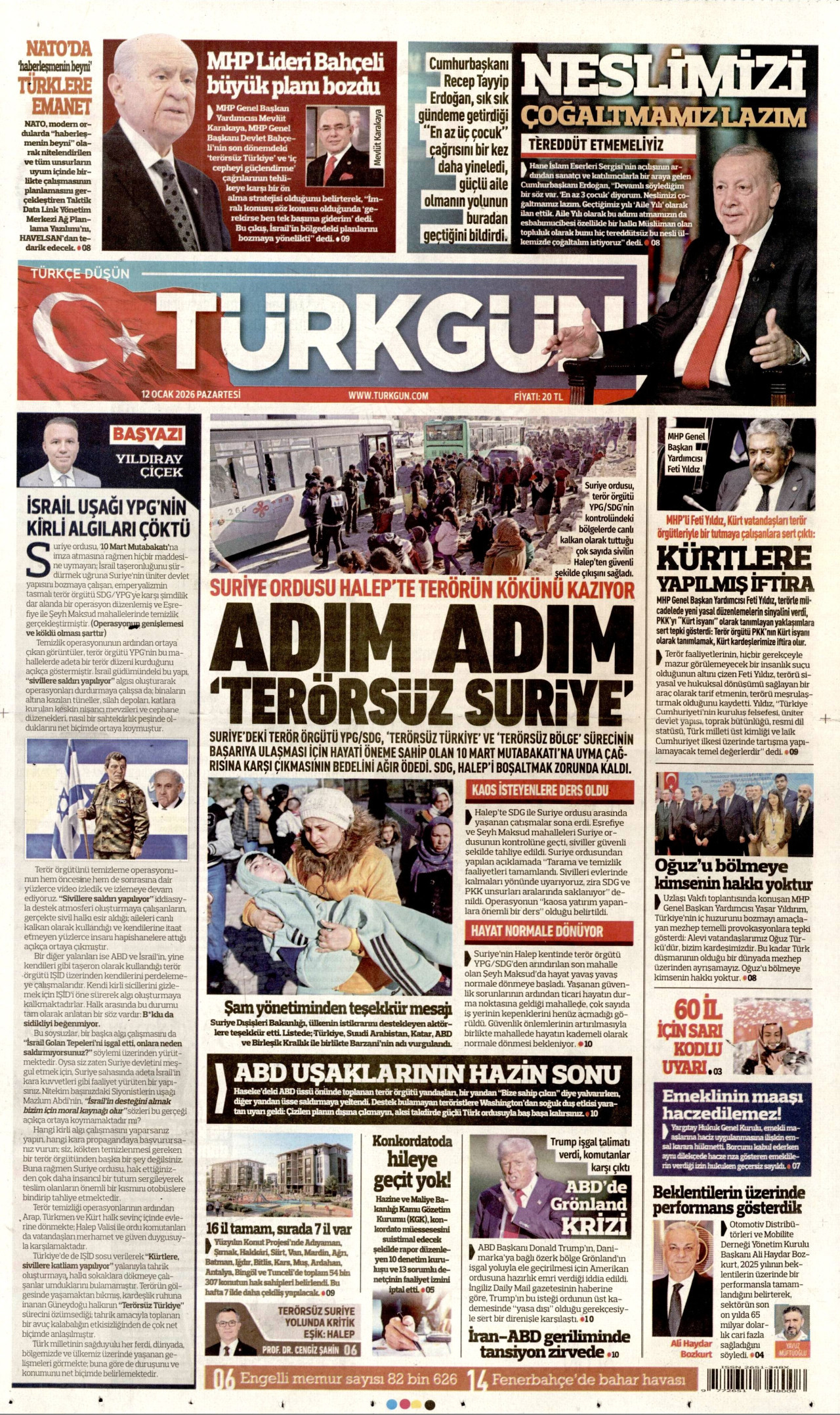 TÜRKGÜN gazetesinin 12 Ocak 2026 tarihli birinci sayfası