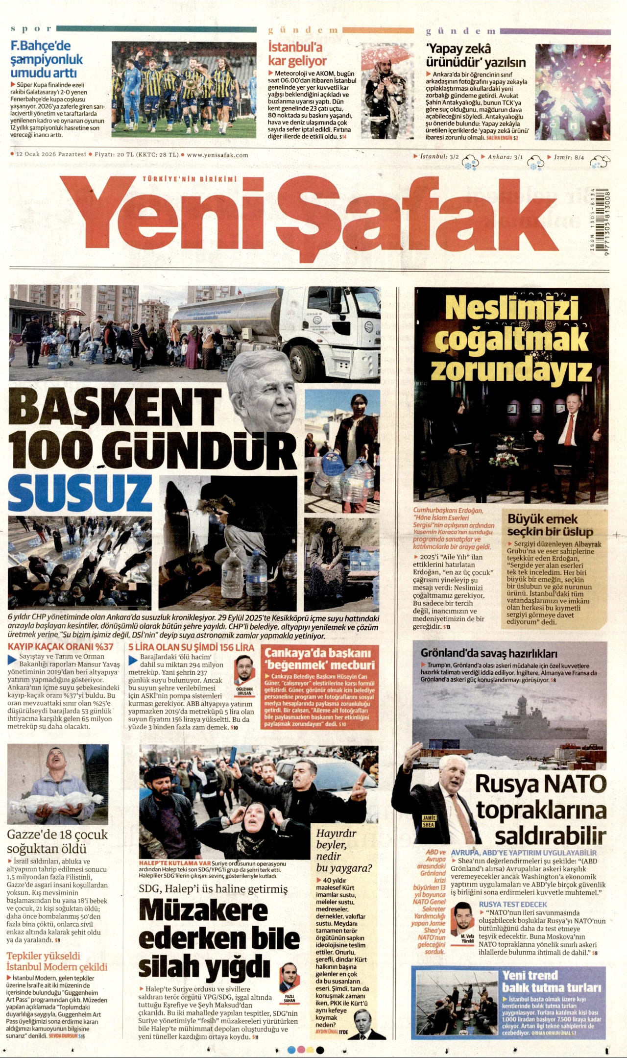 YENİ ŞAFAK gazetesinin 12 Ocak 2026 tarihli birinci sayfası
