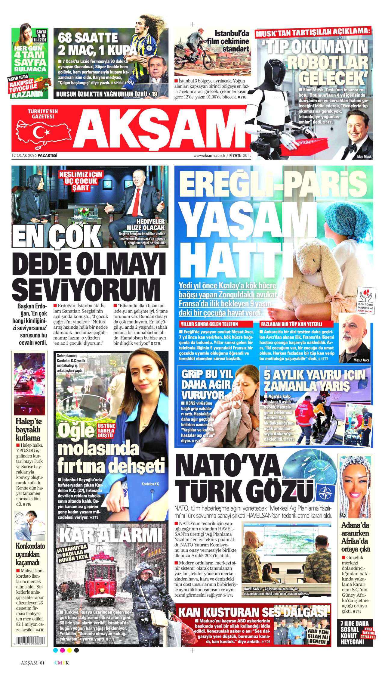 AKŞAM gazetesinin 12 Ocak 2026 tarihli birinci sayfası