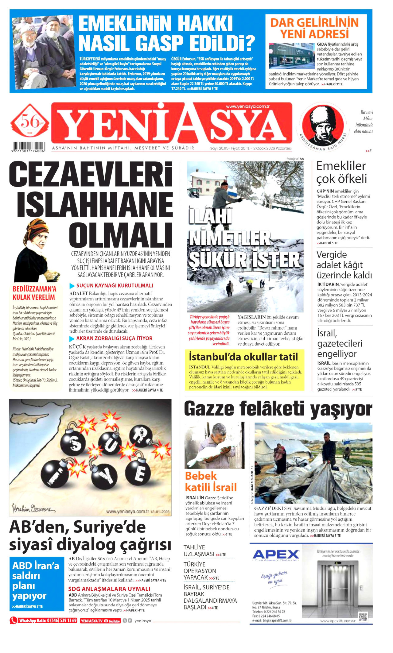 YENİ ASYA gazetesinin 12 Ocak 2026 tarihli birinci sayfası