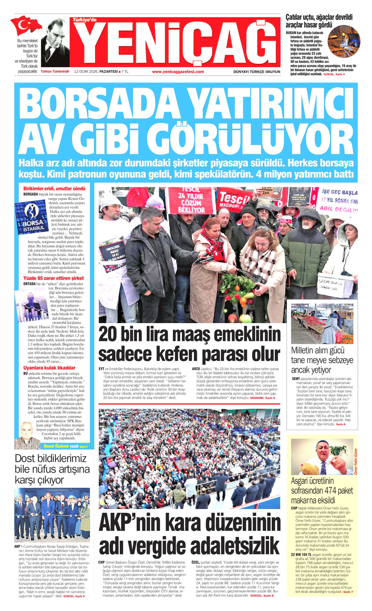YENİÇAĞ gazetesinin 12 Ocak 2026 tarihli birinci sayfası