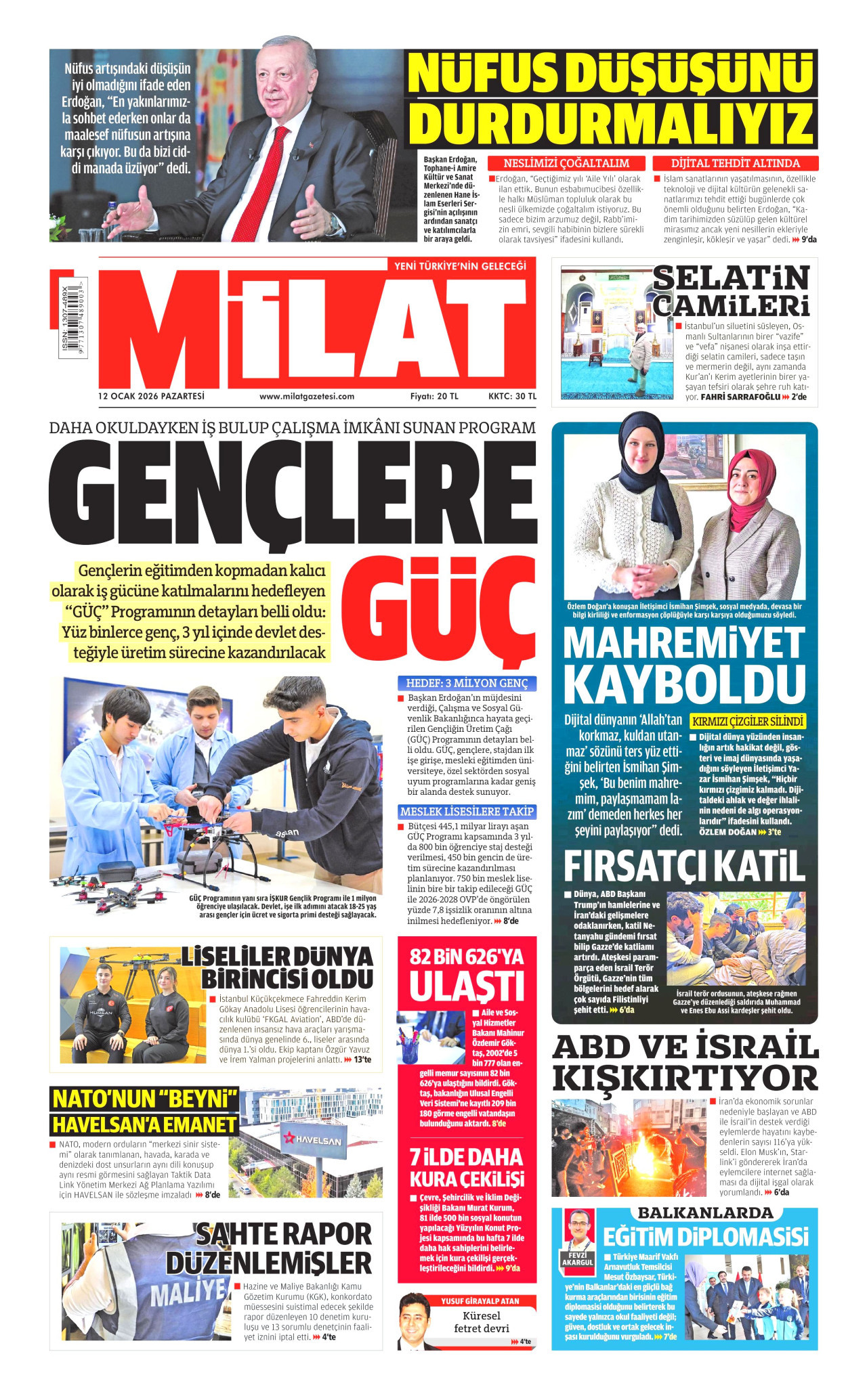 MİLAT gazetesinin 12 Ocak 2026 tarihli birinci sayfası