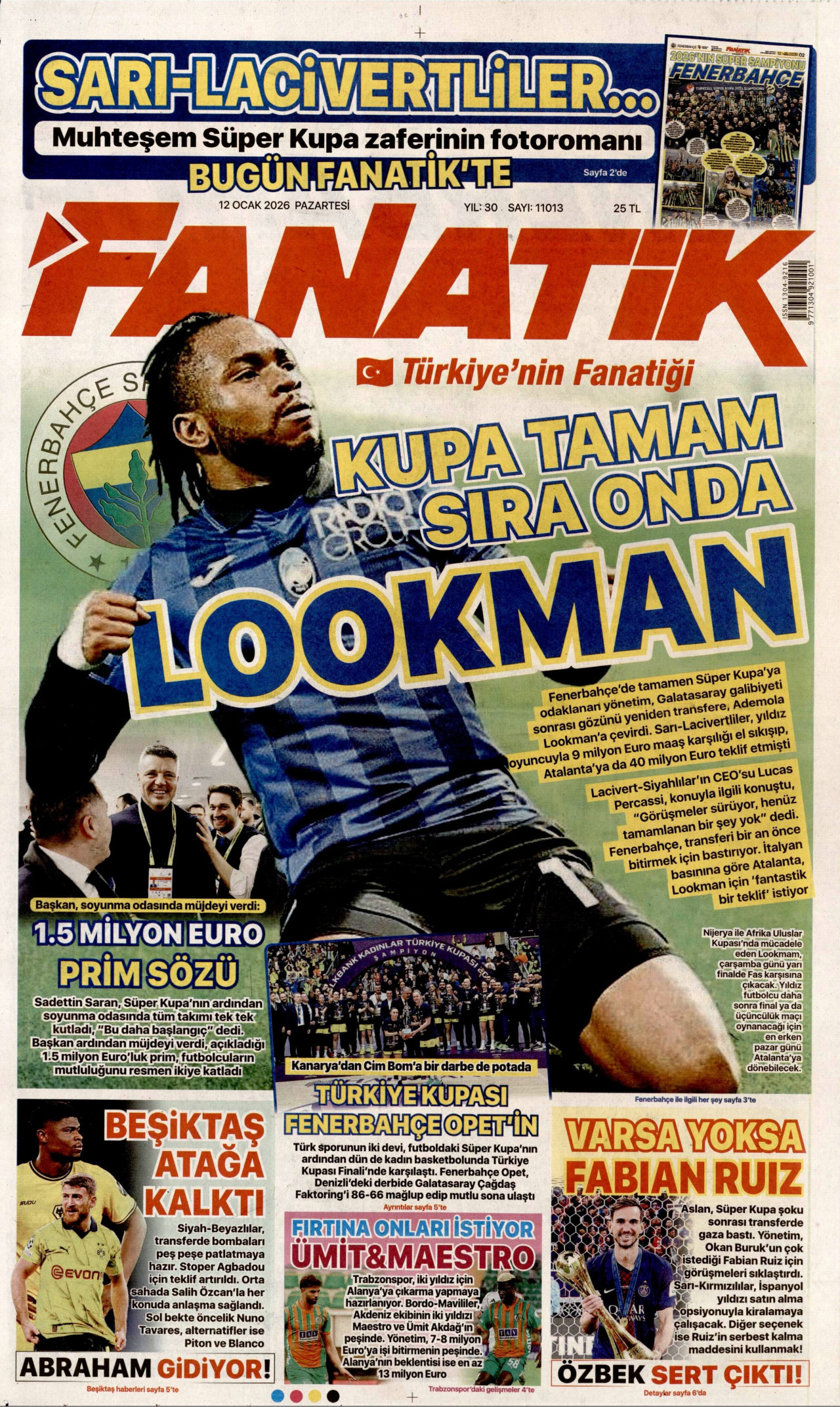 FANATİK gazetesinin 12 Ocak 2026 tarihli birinci sayfası