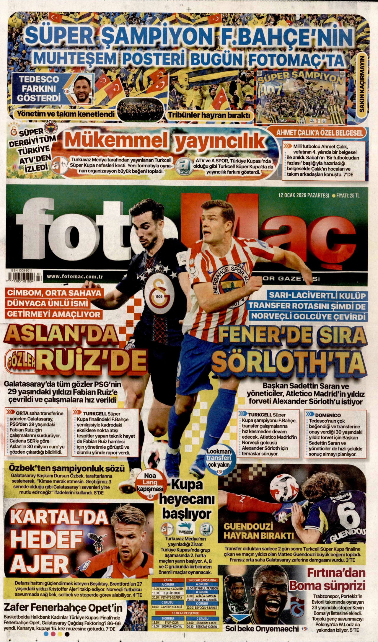 FOTOMAÇ gazetesinin 12 Ocak 2026 tarihli birinci sayfası