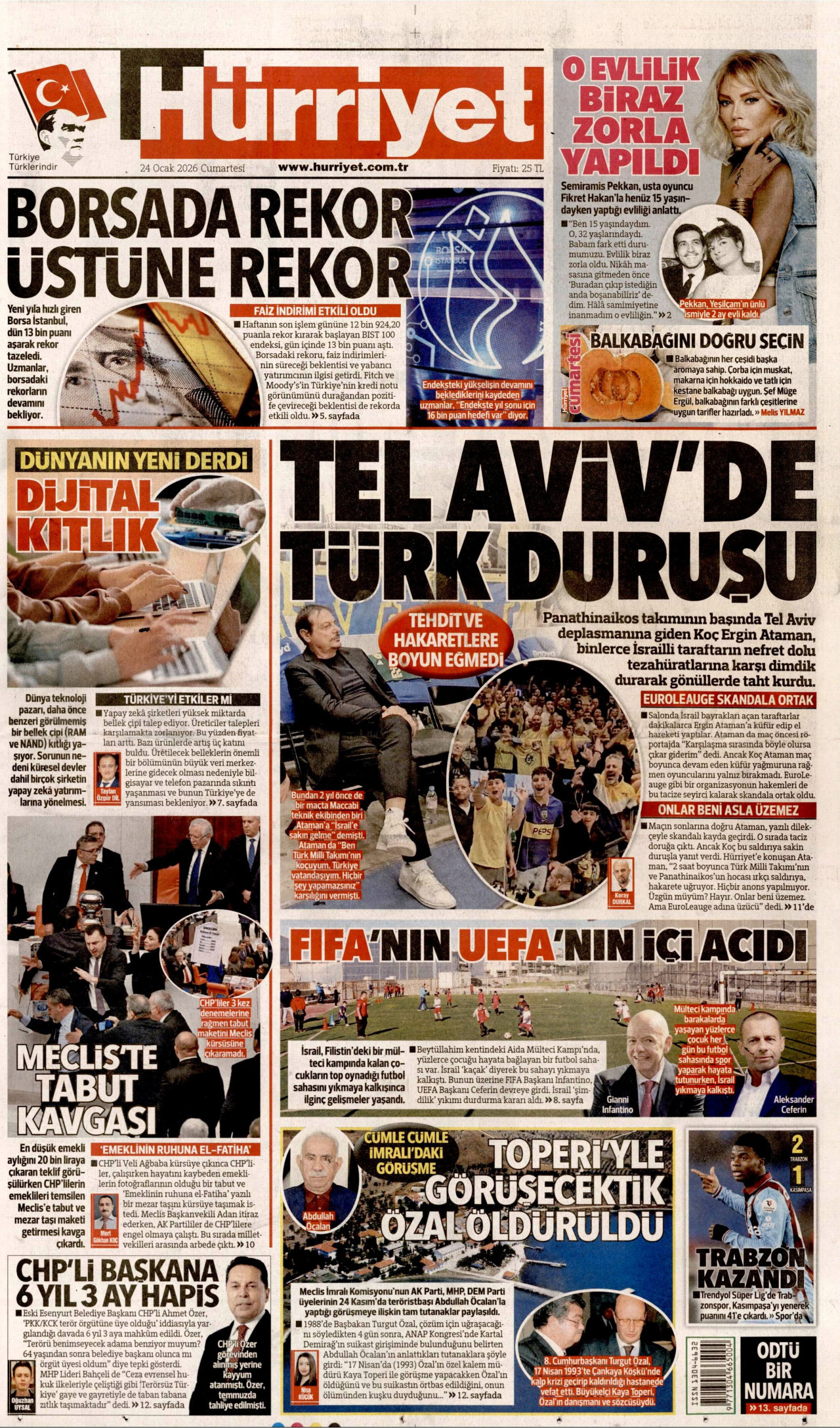 HÜRRİYET gazetesinin 24 Ocak 2026 tarihli birinci sayfası