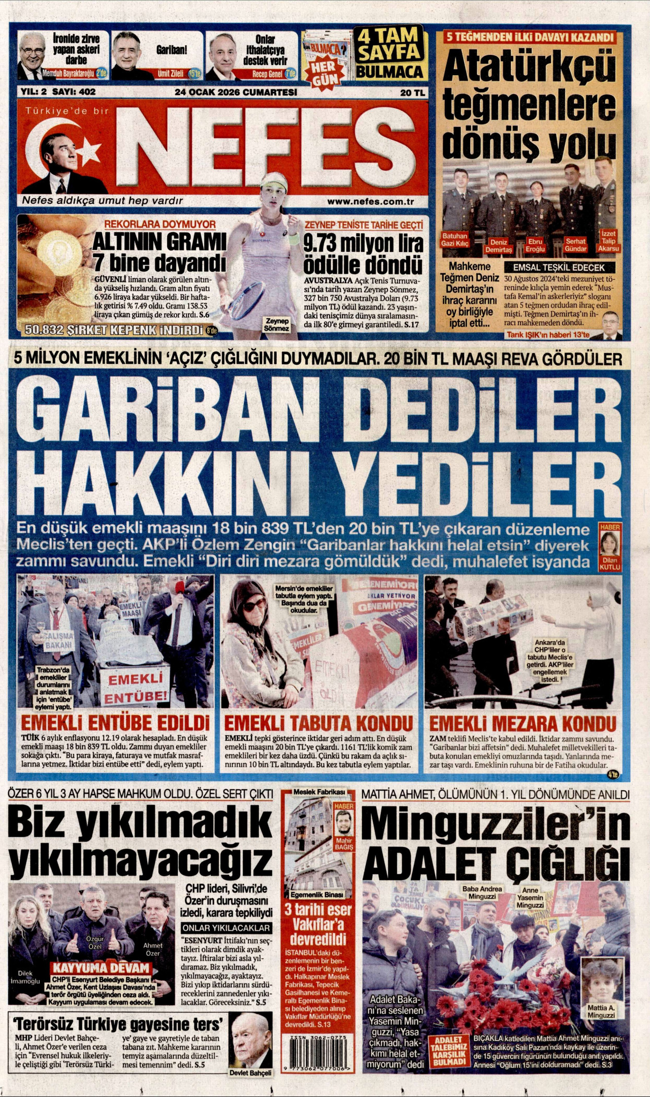 NEFES gazetesinin 24 Ocak 2026 tarihli birinci sayfası