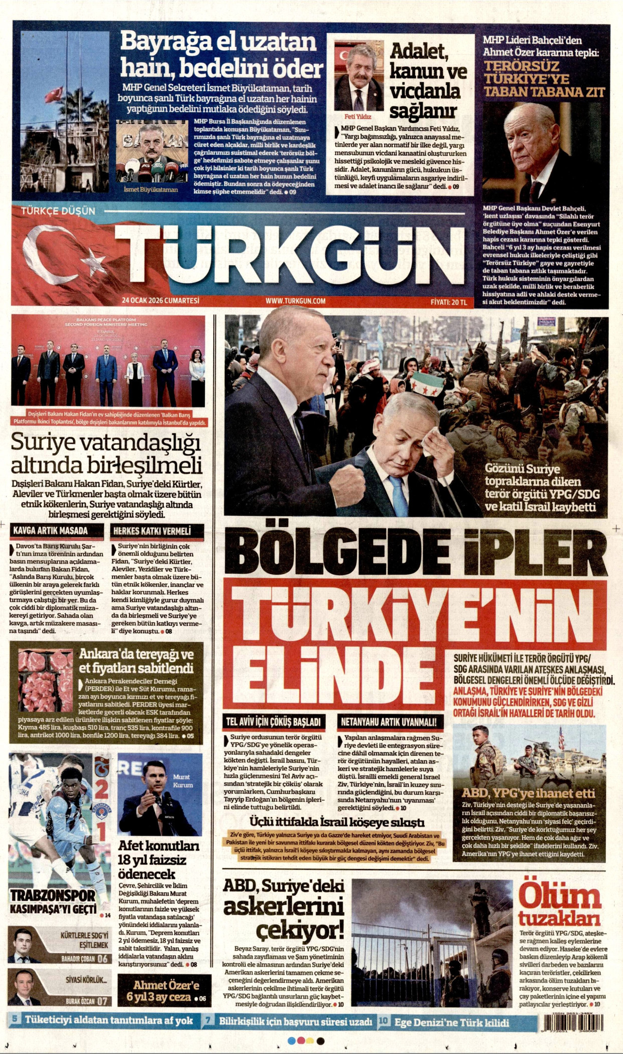 TÜRKGÜN gazetesinin 24 Ocak 2026 tarihli birinci sayfası