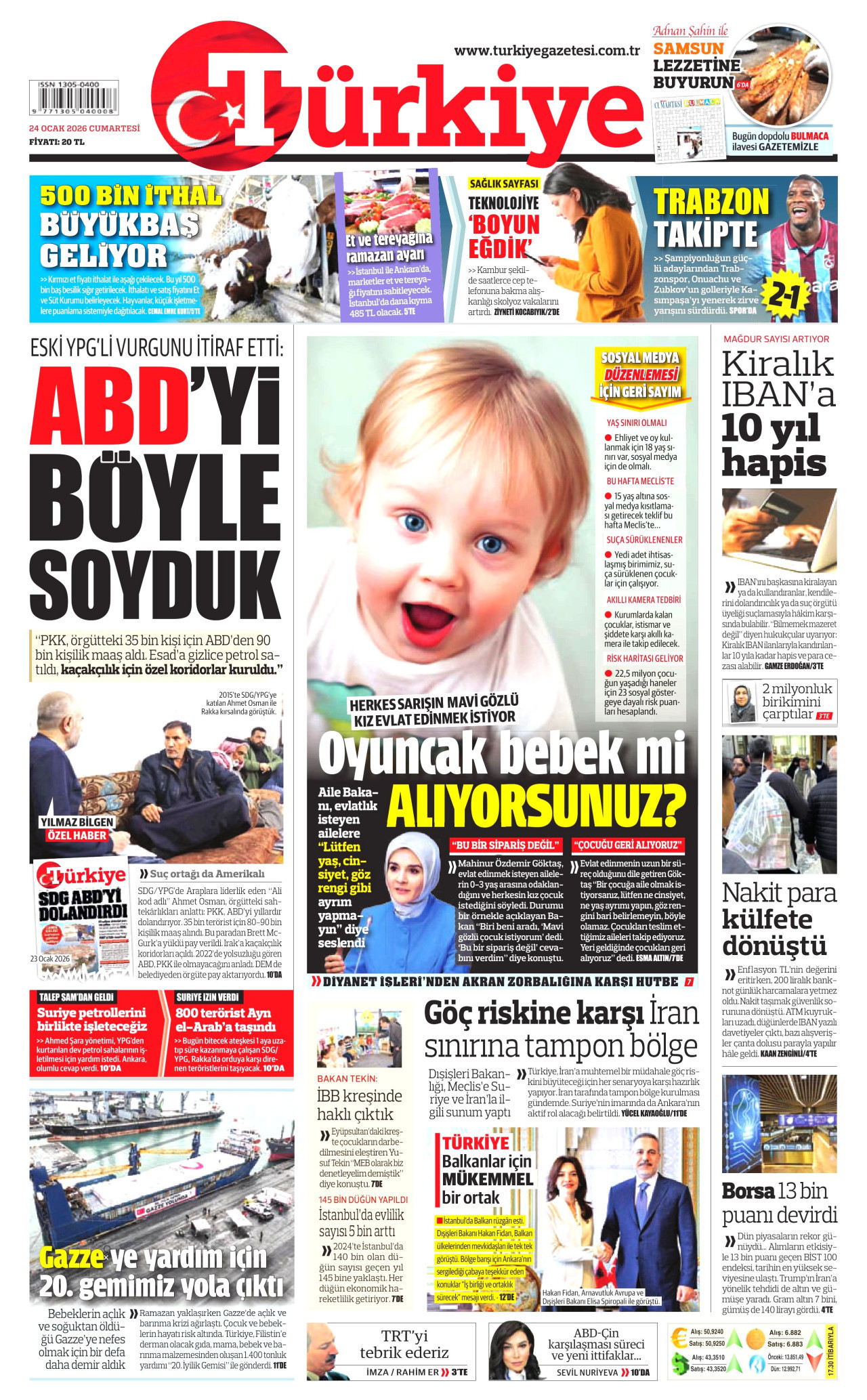 TÜRKİYE GAZETESİ gazetesinin 24 Ocak 2026 tarihli birinci sayfası
