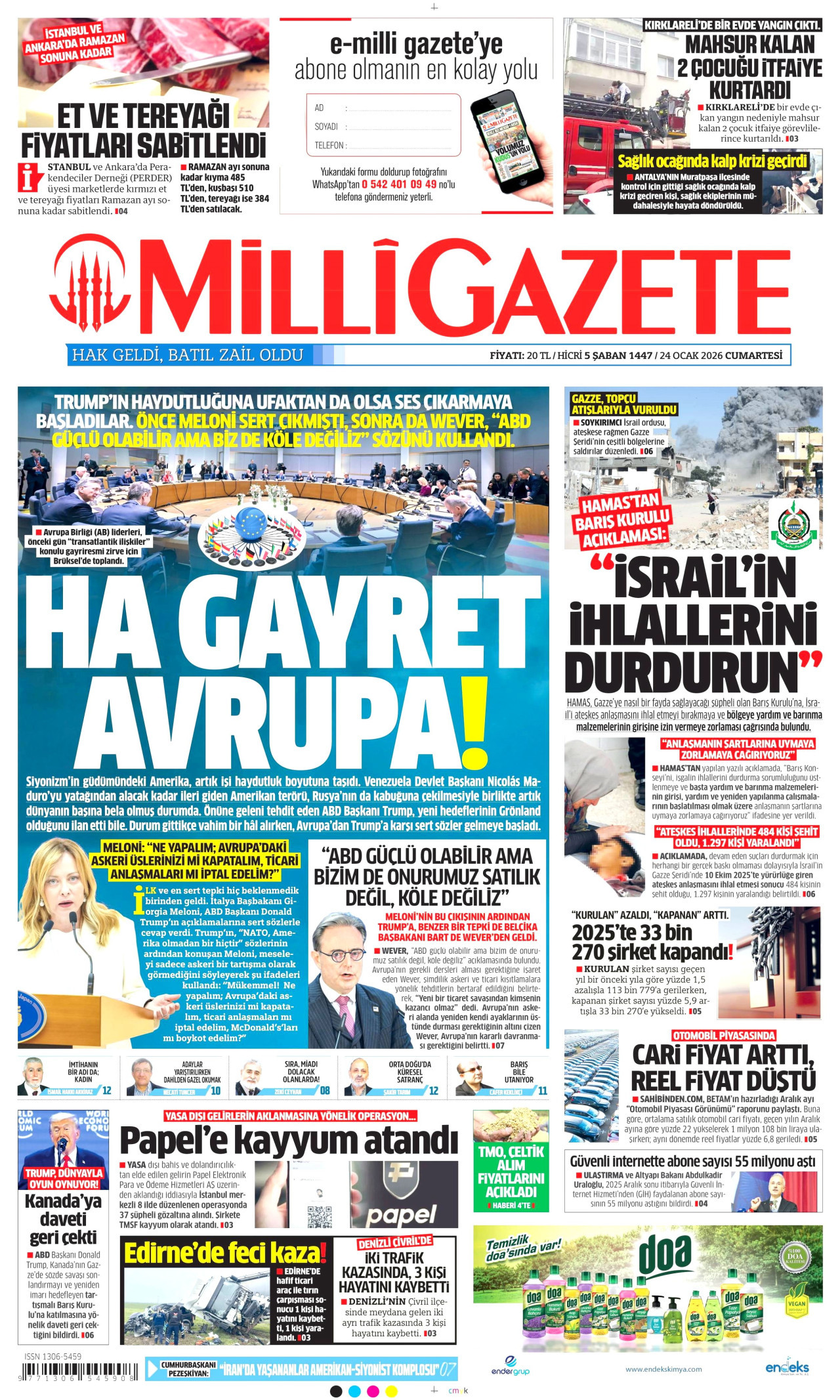 MİLLİ GAZETE gazetesinin 24 Ocak 2026 tarihli birinci sayfası