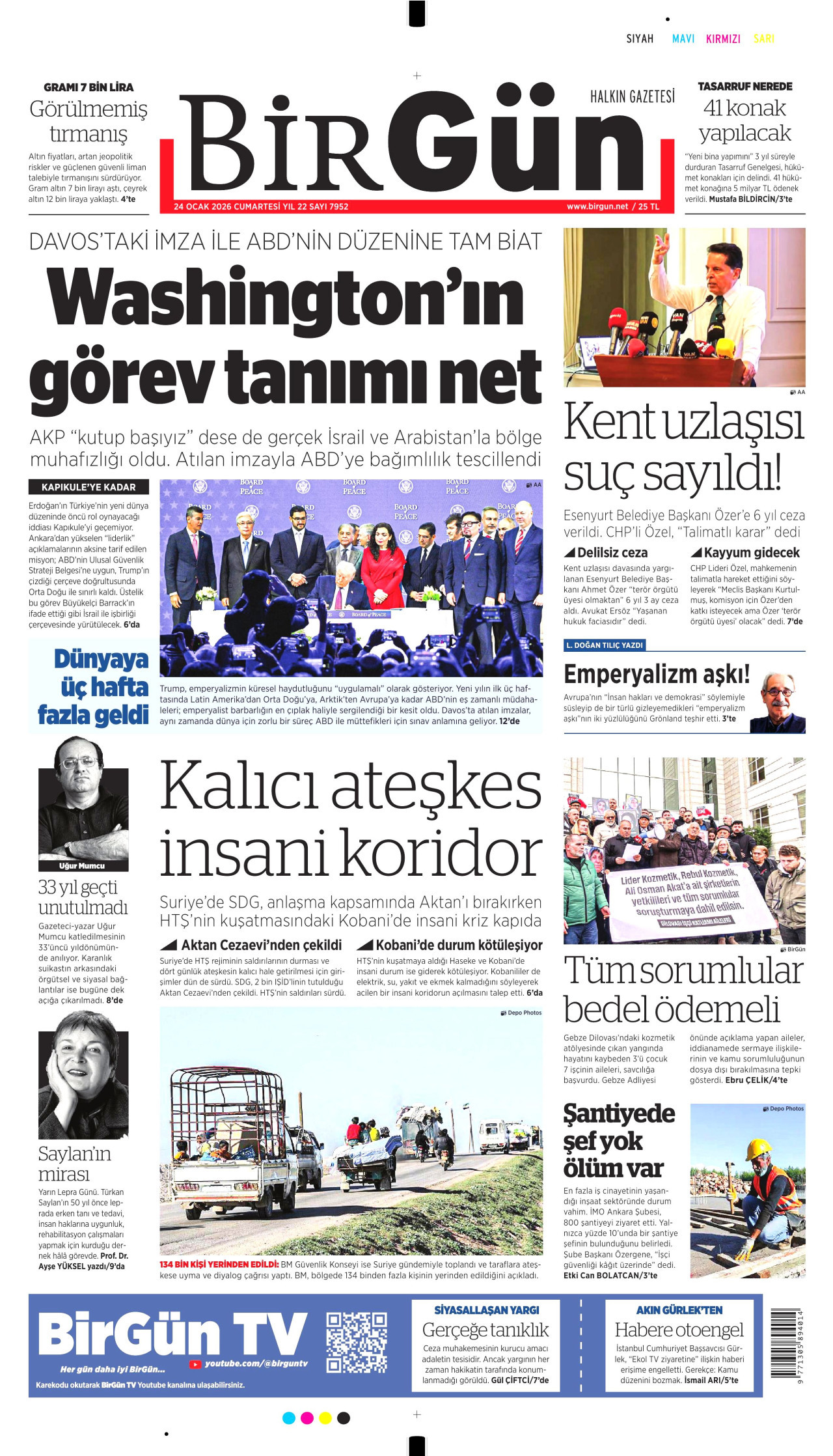 BİRGÜN gazetesinin 24 Ocak 2026 tarihli birinci sayfası