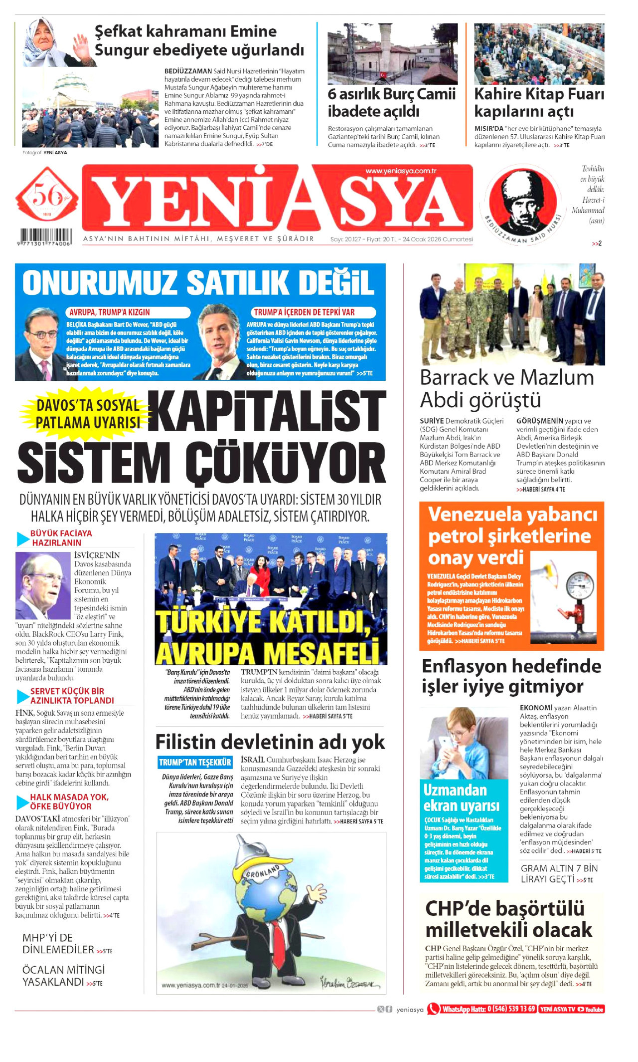 YENİ ASYA gazetesinin 24 Ocak 2026 tarihli birinci sayfası