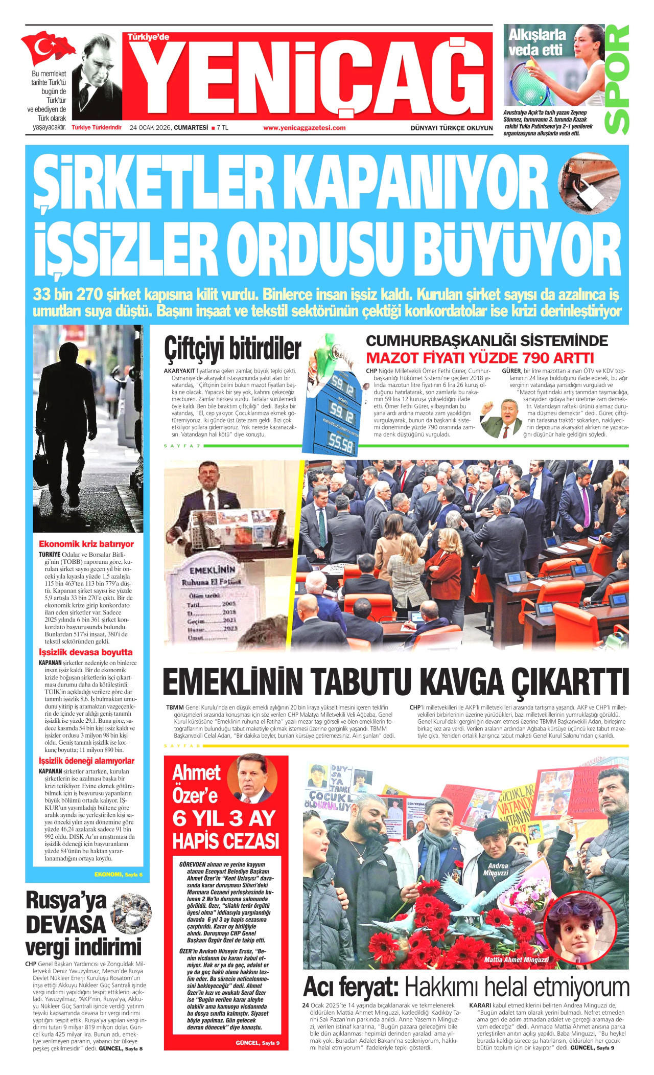 YENİÇAĞ gazetesinin 24 Ocak 2026 tarihli birinci sayfası