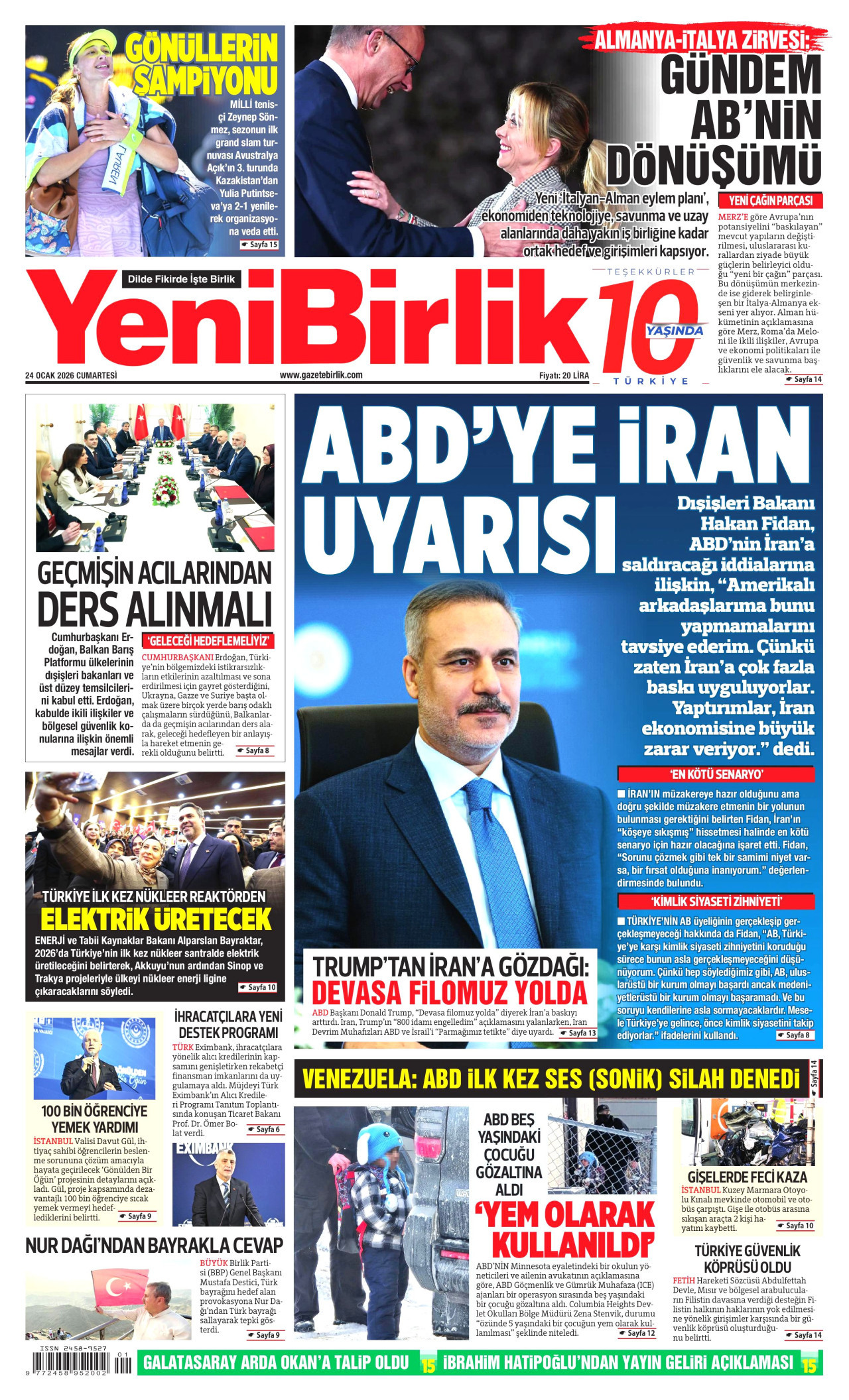 YENİBİRLİK gazetesinin 24 Ocak 2026 tarihli birinci sayfası