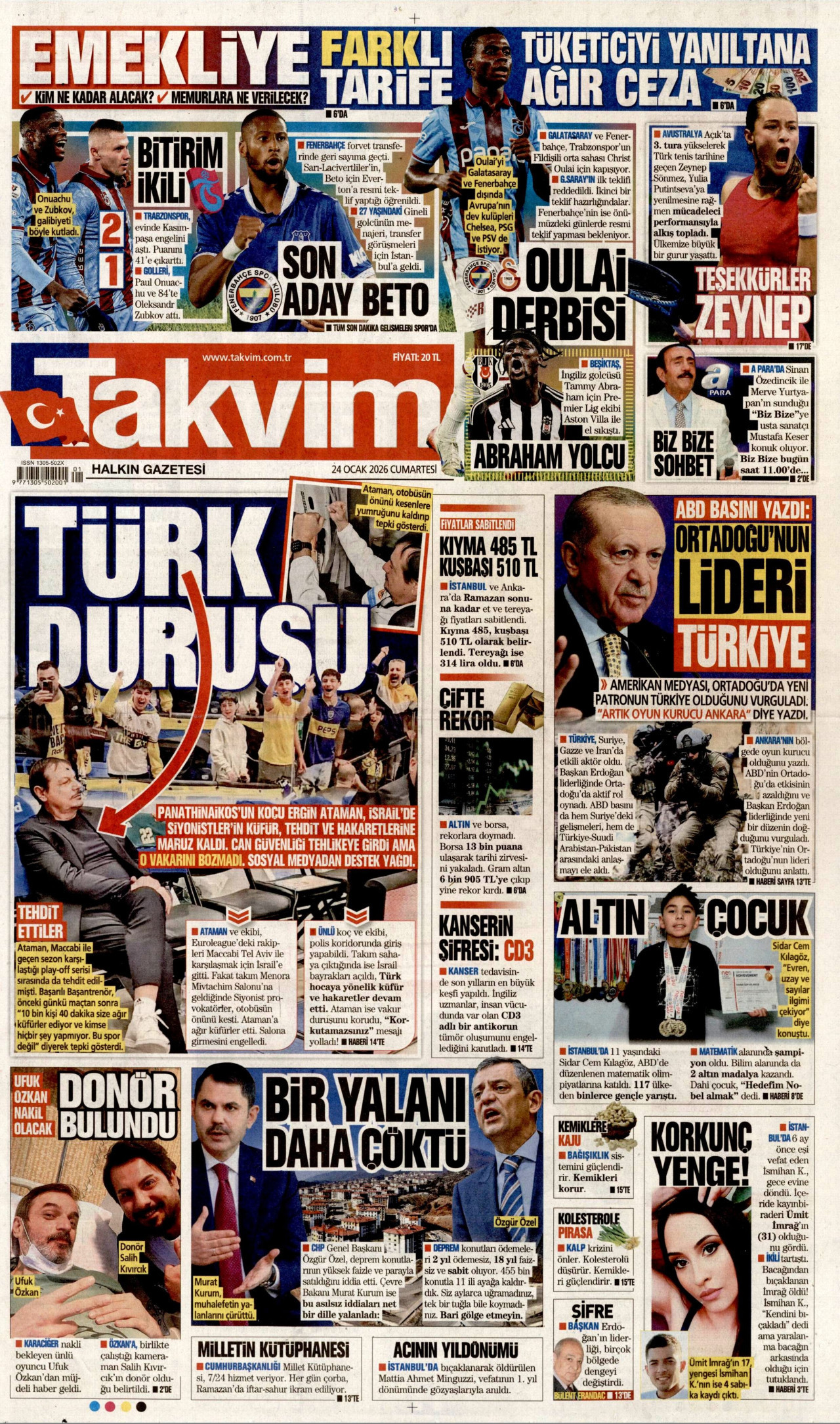 TAKVİM gazetesinin 24 Ocak 2026 tarihli birinci sayfası
