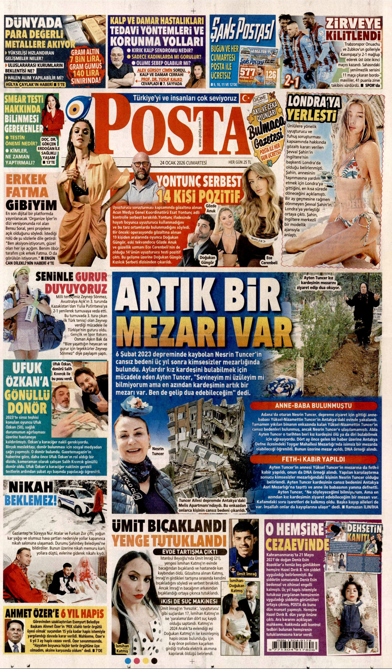 POSTA gazetesinin 24 Ocak 2026 tarihli birinci sayfası
